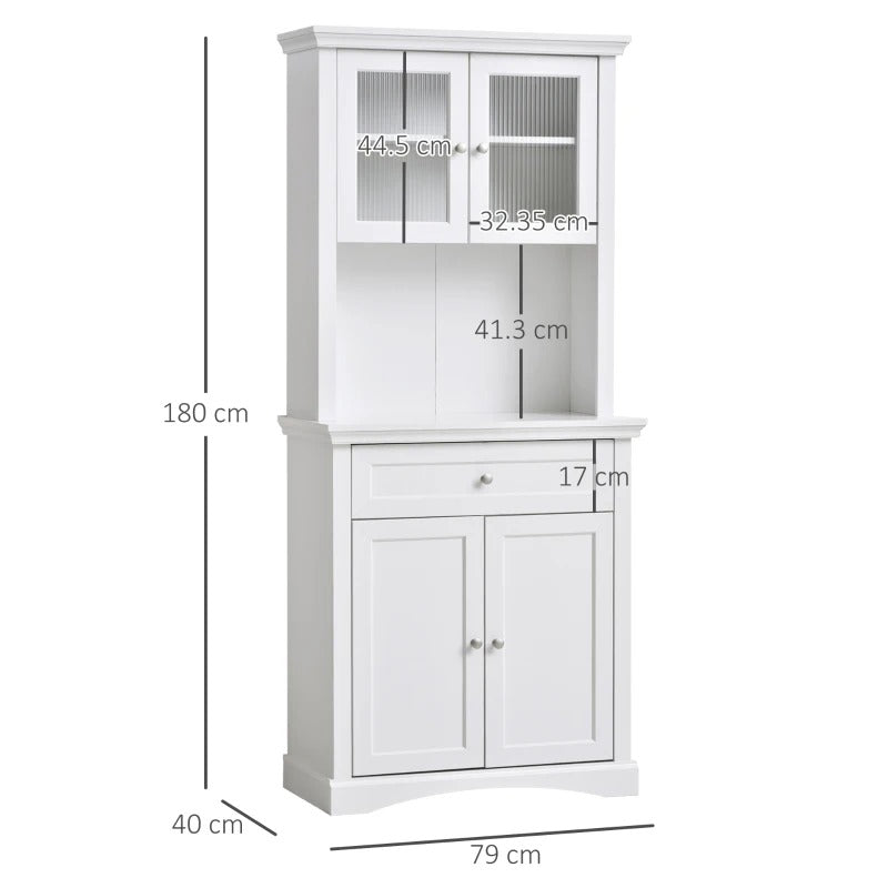 HOMCOM Kitchen Cupboard, Freestanding Storage Cabinet With Glass Doors, Adjustable Shelves, Open Counter, White