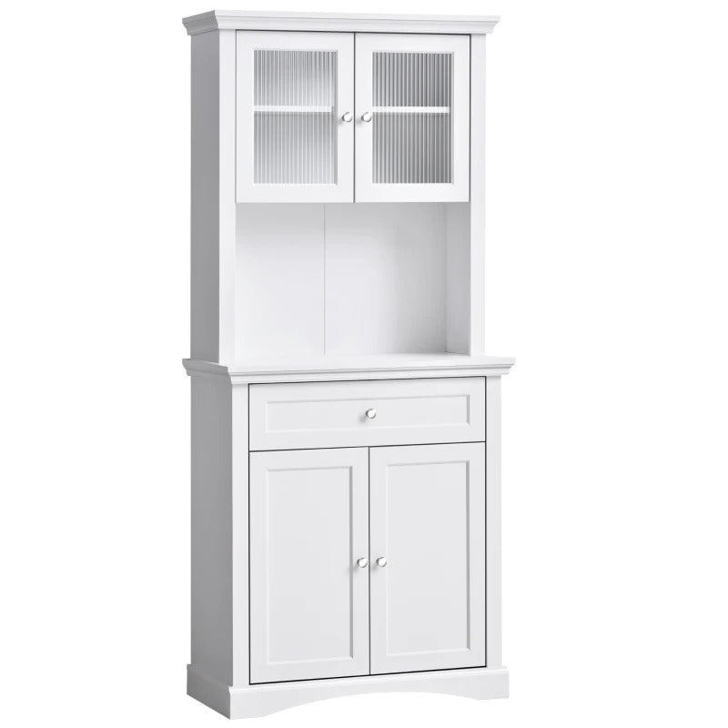 HOMCOM Kitchen Cupboard, Freestanding Storage Cabinet With Glass Doors, Adjustable Shelves, Open Counter, White