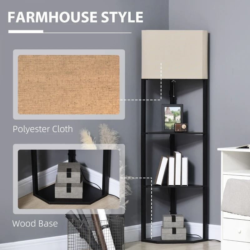 HOMCOM Corner Floor Lamp With Shelves, Modern Tall Standing Lamps For Living Room, Bedroom, Chain Switch Bulb Not Included, Black