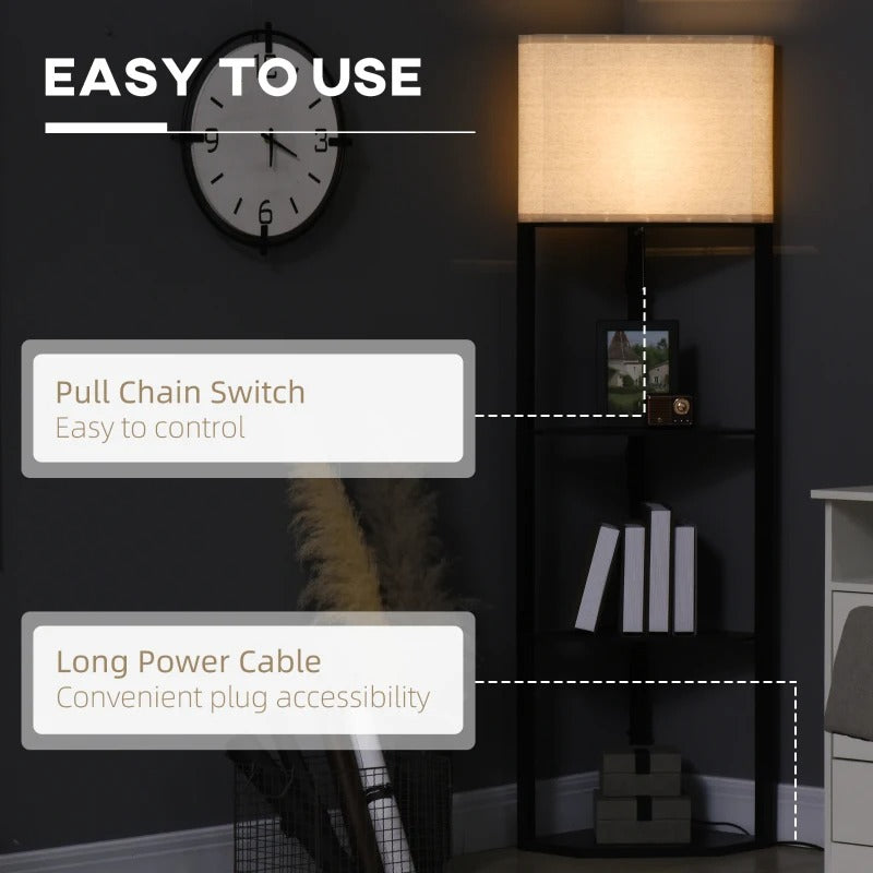 HOMCOM Corner Floor Lamp With Shelves, Modern Tall Standing Lamps For Living Room, Bedroom, Chain Switch Bulb Not Included, Black