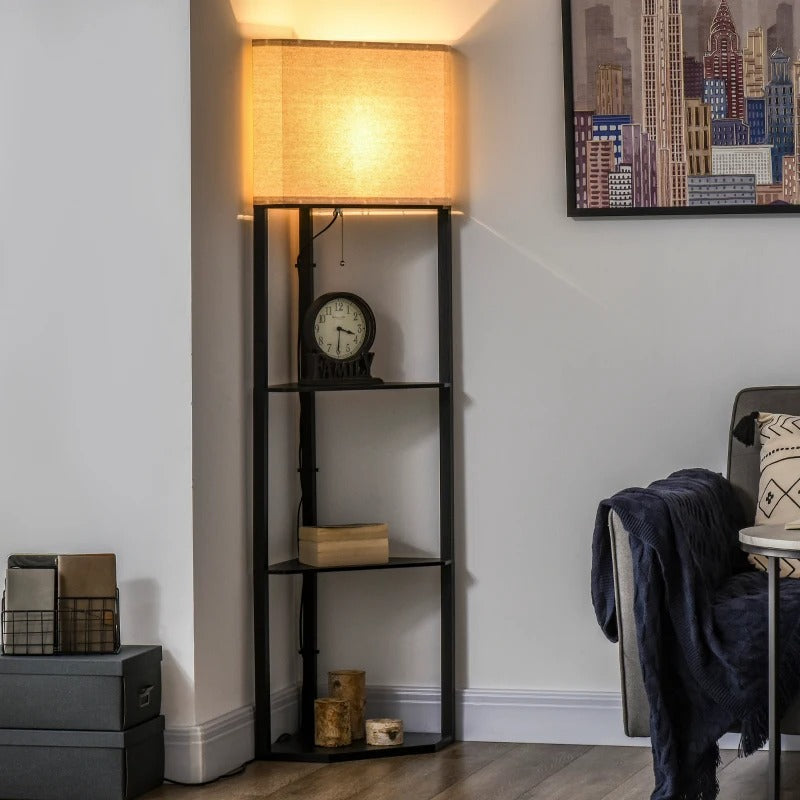 HOMCOM Corner Floor Lamp With Shelves, Modern Tall Standing Lamps For Living Room, Bedroom, Chain Switch Bulb Not Included, Black