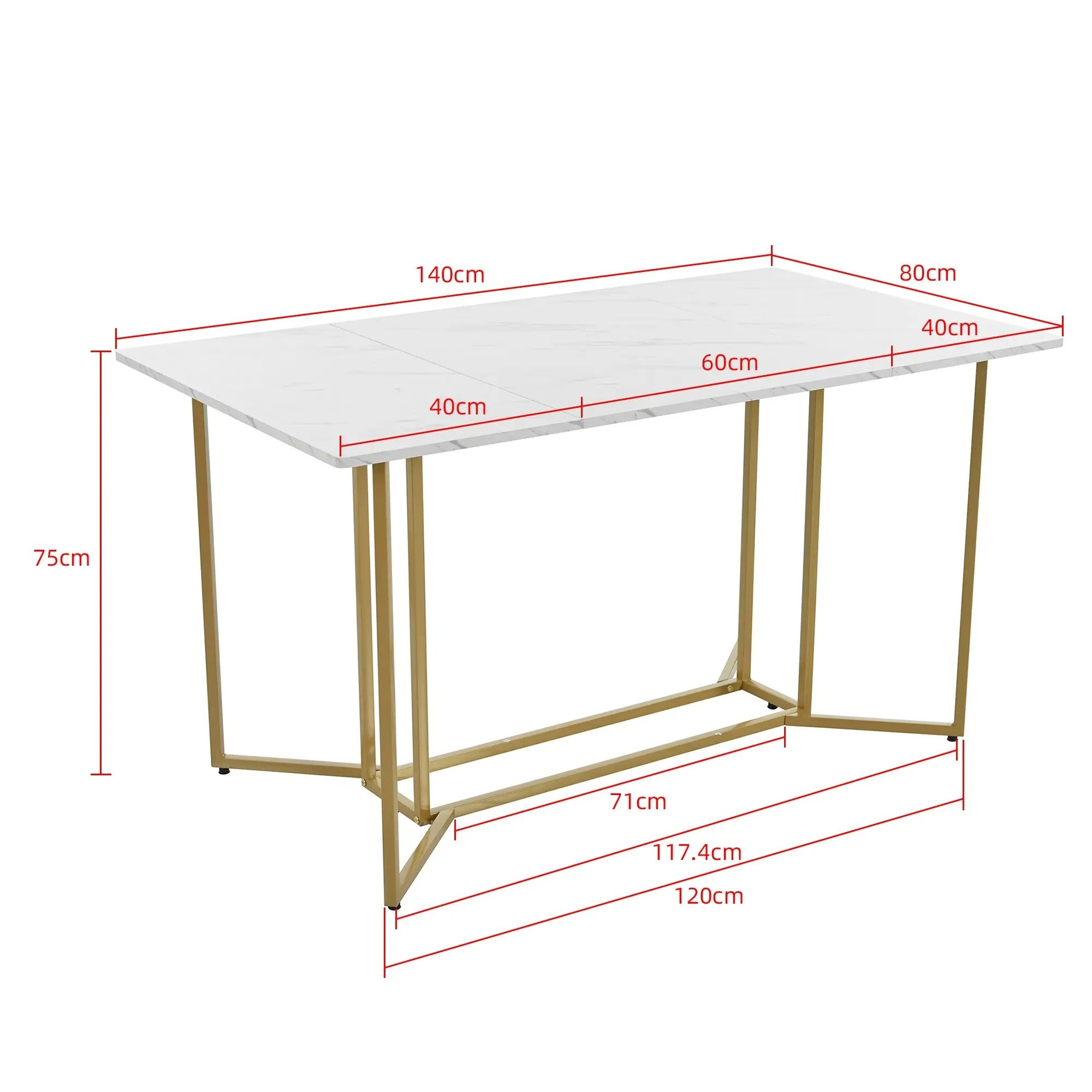 Modern Rectangular Extendable Dining Table With Adjustable Metal Legs, Kitchen Marble Pattern, 140x80x75 Cm, White/Gold
