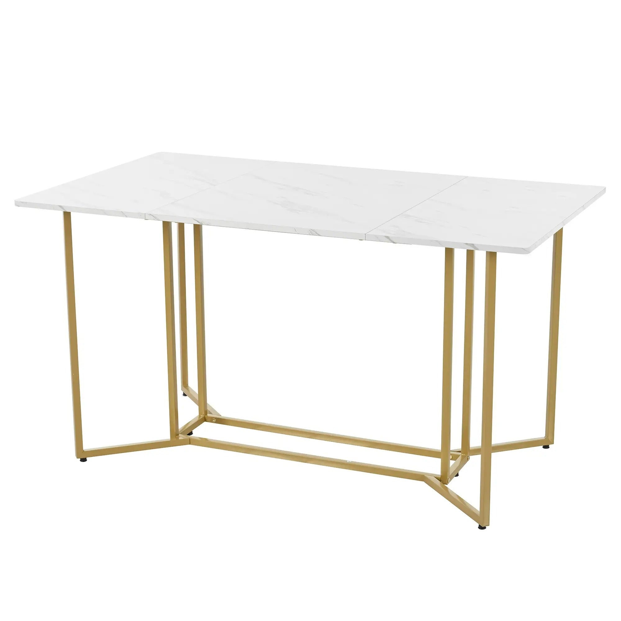 Modern Rectangular Extendable Dining Table With Adjustable Metal Legs, Kitchen Marble Pattern, 140x80x75 Cm, White/Gold