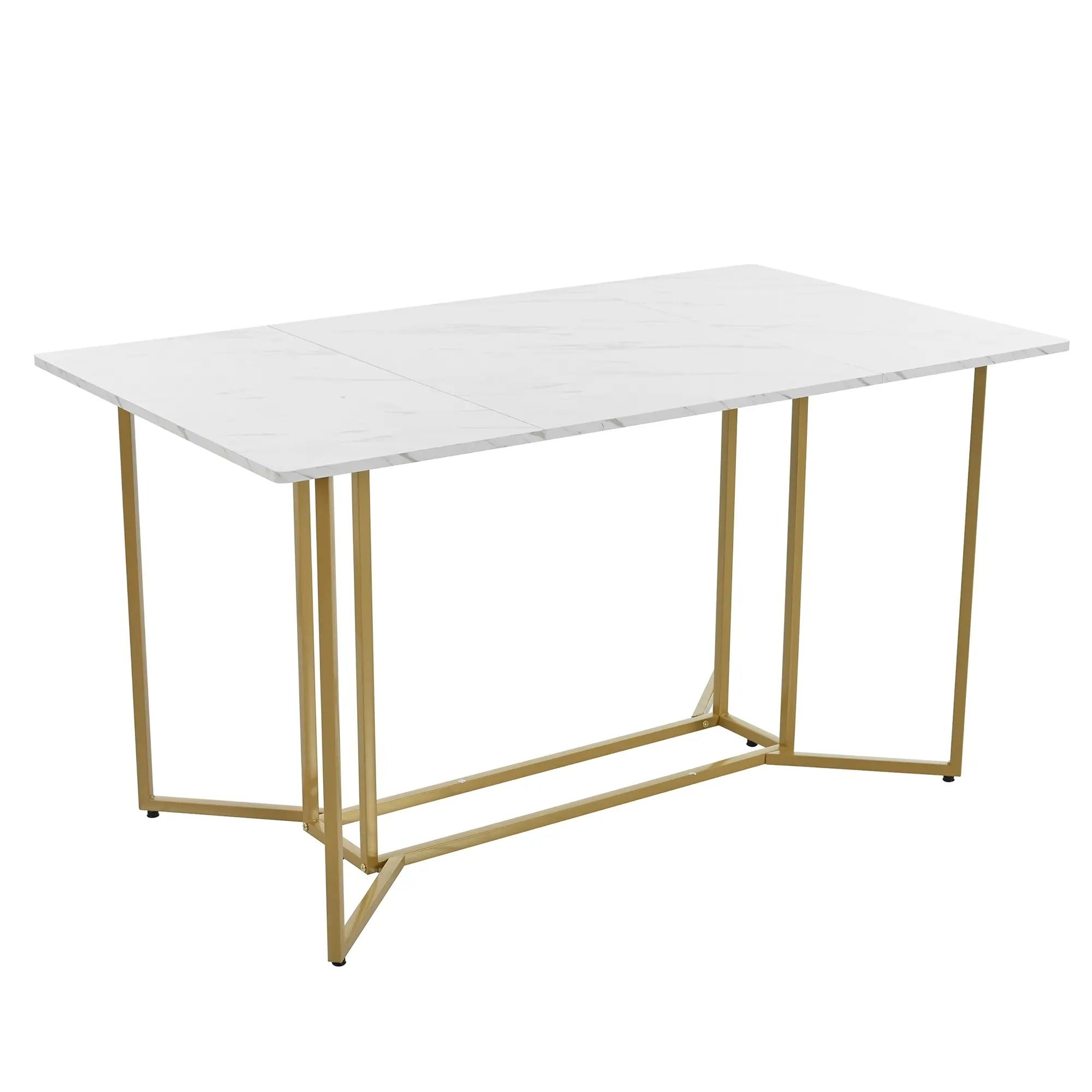 Modern Rectangular Extendable Dining Table With Adjustable Metal Legs, Kitchen Marble Pattern, 140x80x75 Cm, White/Gold