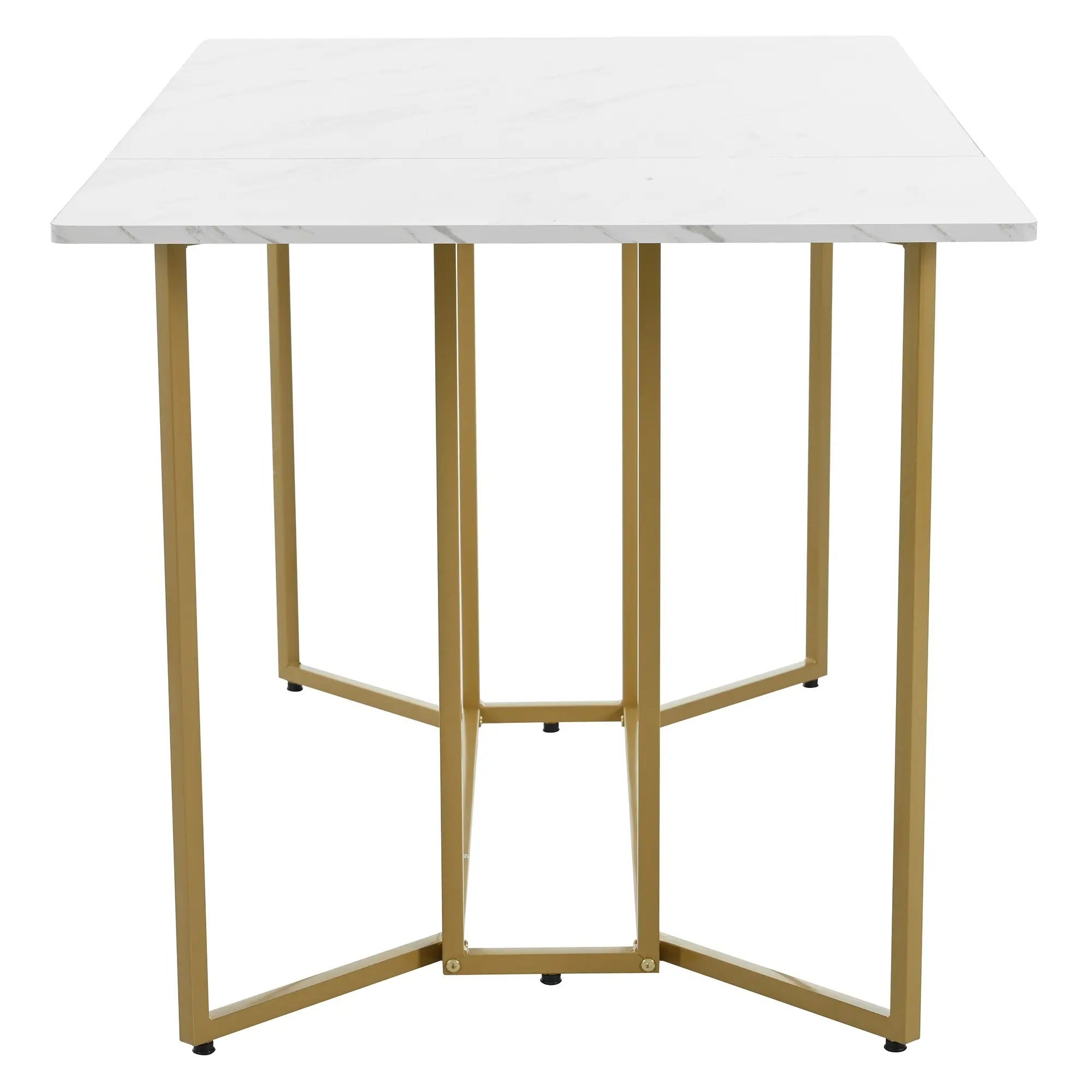Modern Rectangular Extendable Dining Table With Adjustable Metal Legs, Kitchen Marble Pattern, 140x80x75 Cm, White/Gold
