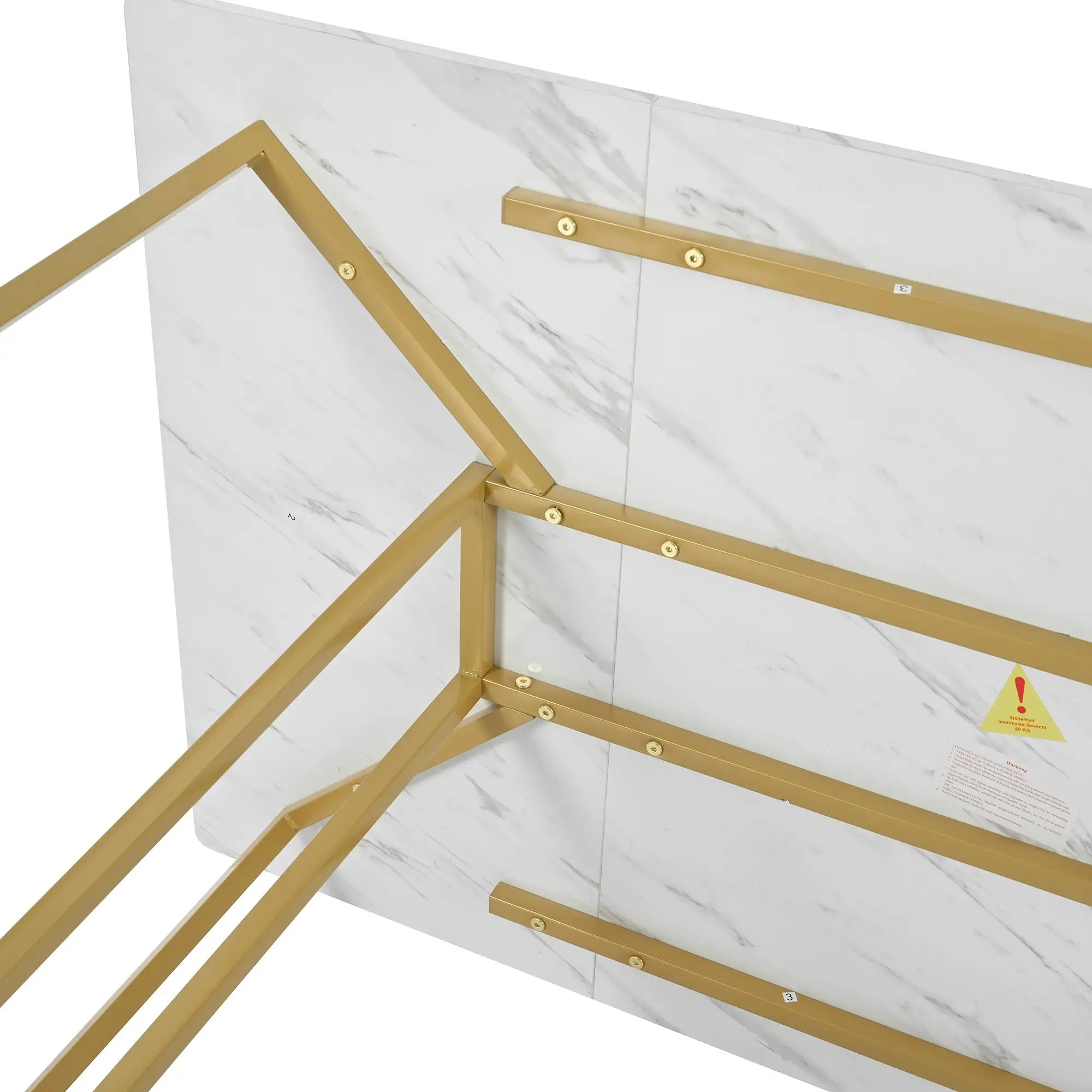 Modern Rectangular Extendable Dining Table With Adjustable Metal Legs, Kitchen Marble Pattern, 140x80x75 Cm, White/Gold