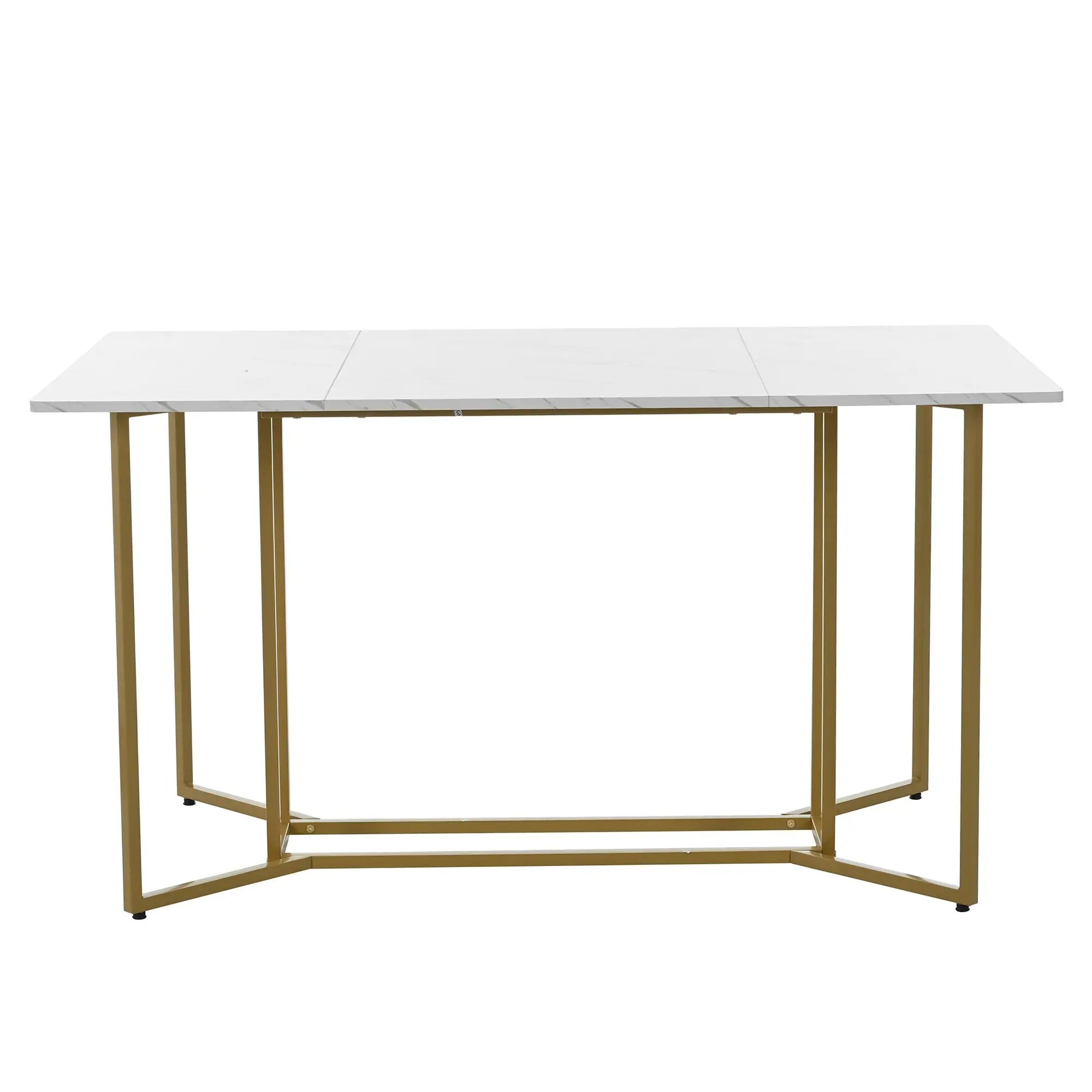 Modern Rectangular Extendable Dining Table With Adjustable Metal Legs, Kitchen Marble Pattern, 140x80x75 Cm, White/Gold