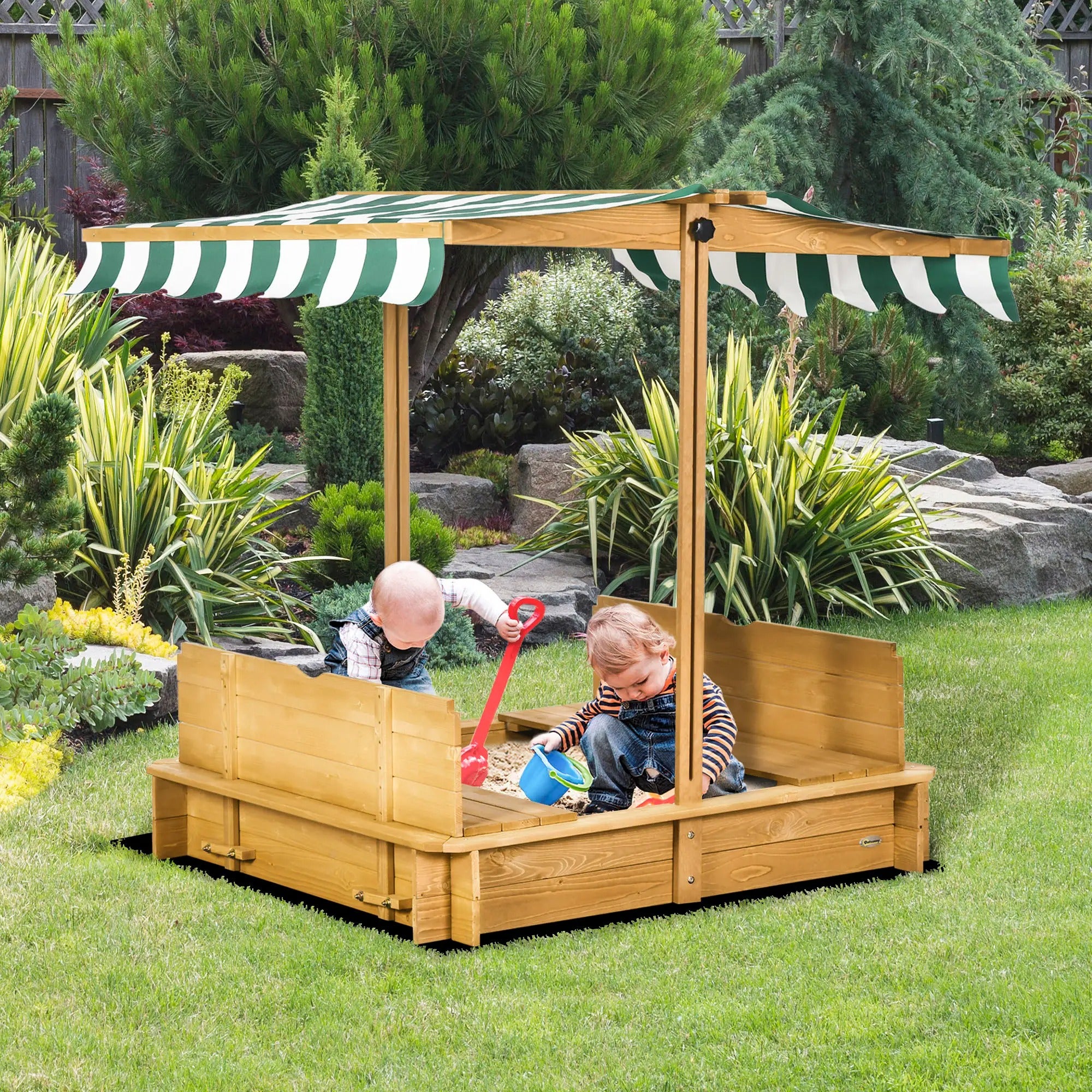 Outsunny Wooden Sandpit With Adjustable Canopy Light Brown