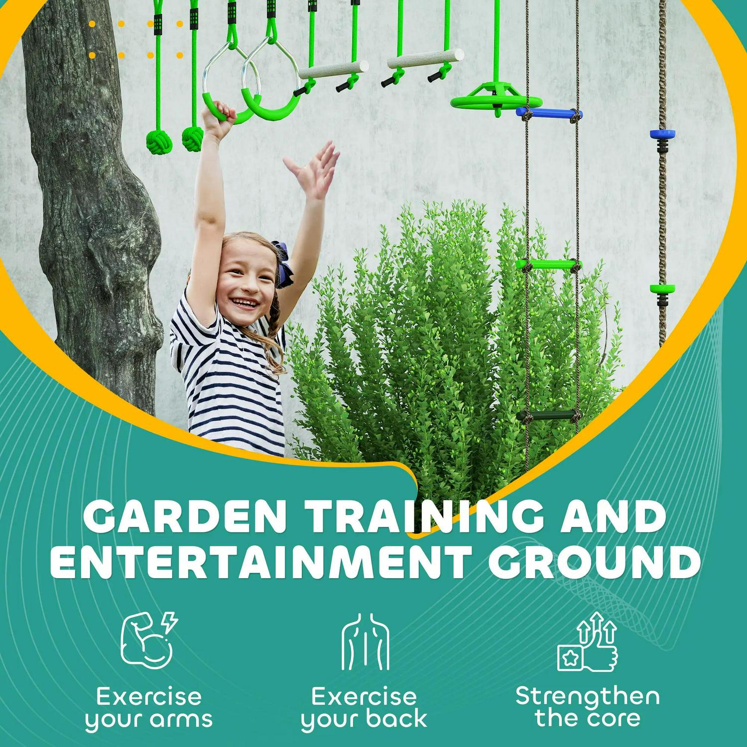 AIYAPLAY Obstacle Course For Kids With 10PCs Slackline Kit, Monkey Bars, Gym Rings, Rope Ladder, Nest Swing, Hanging Tray