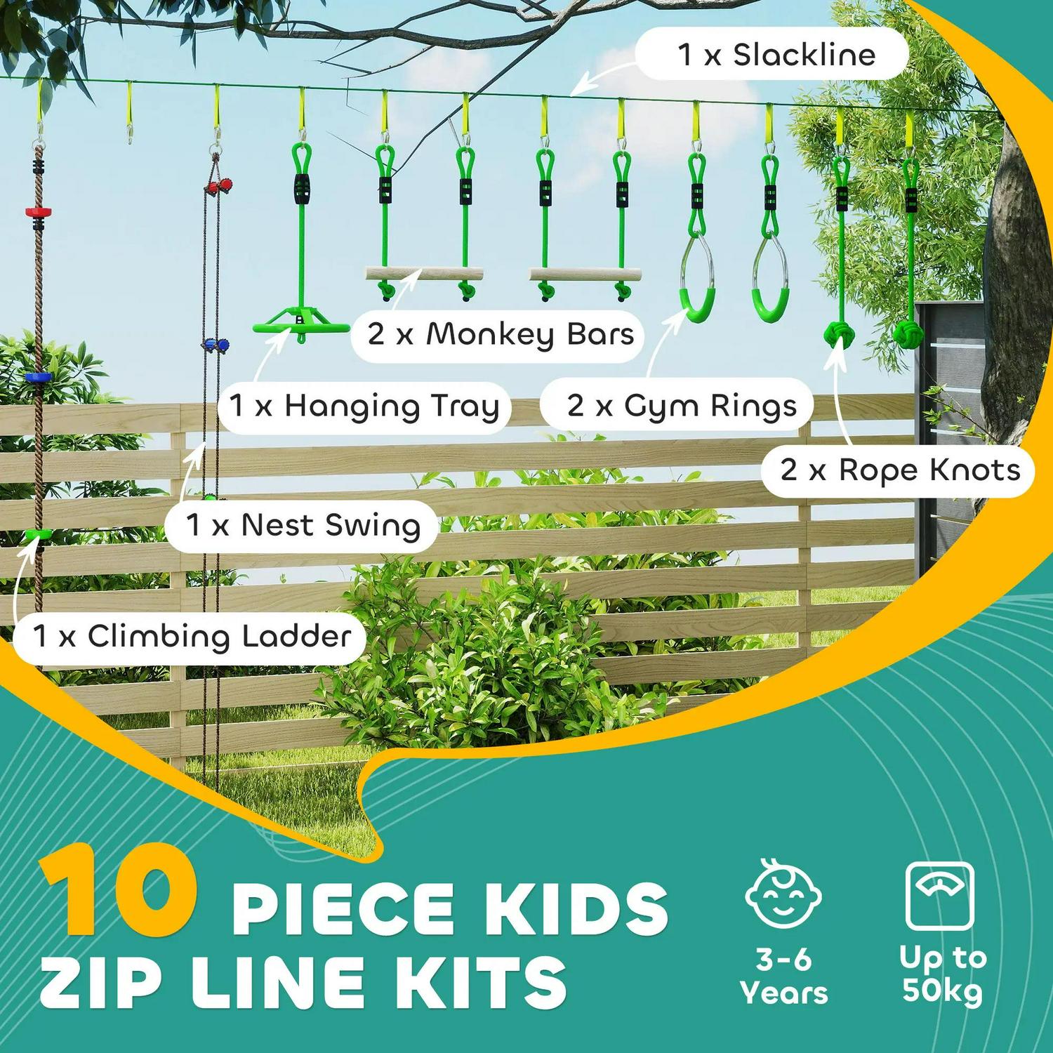AIYAPLAY Obstacle Course For Kids With 10PCs Slackline Kit, Monkey Bars, Gym Rings, Rope Ladder, Nest Swing, Hanging Tray