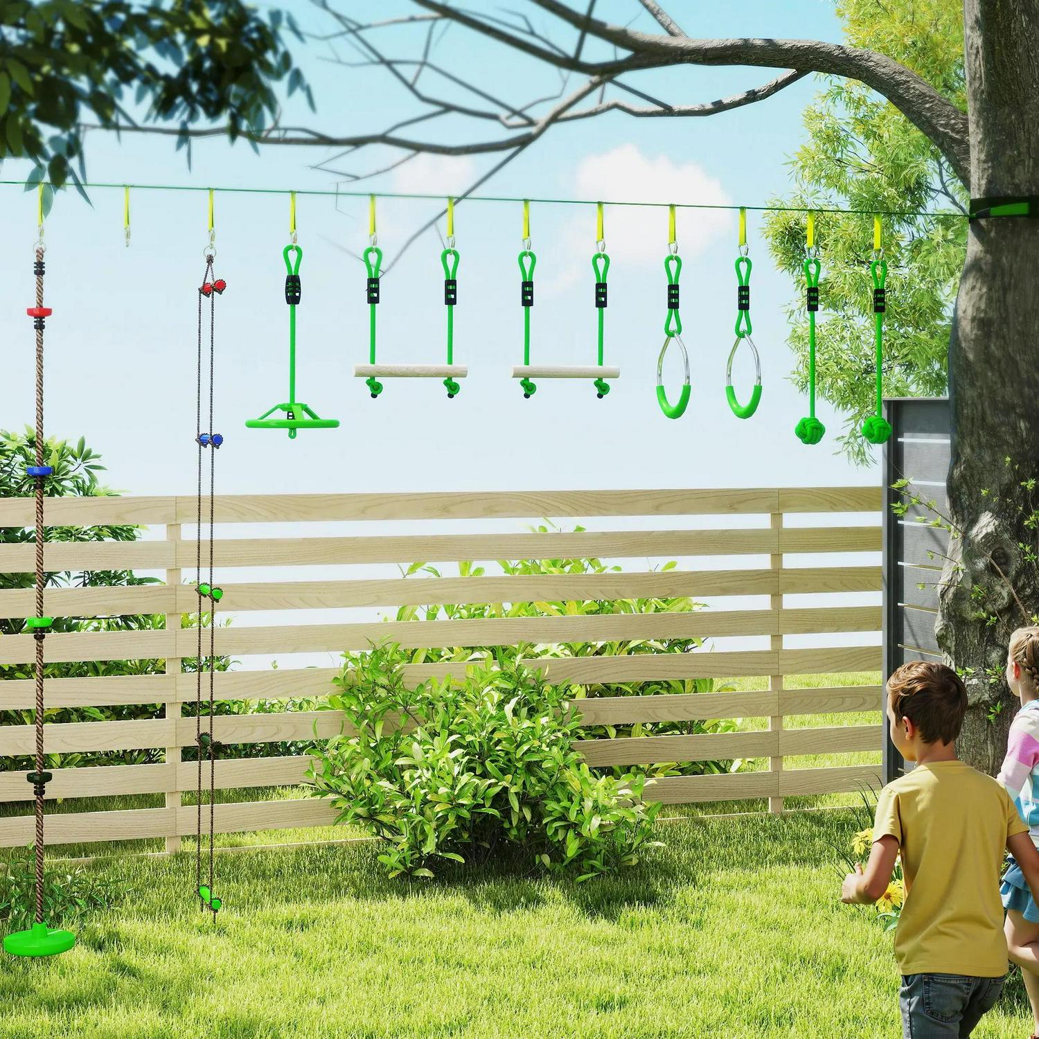 AIYAPLAY Obstacle Course For Kids With 10PCs Slackline Kit, Monkey Bars, Gym Rings, Rope Ladder, Nest Swing, Hanging Tray
