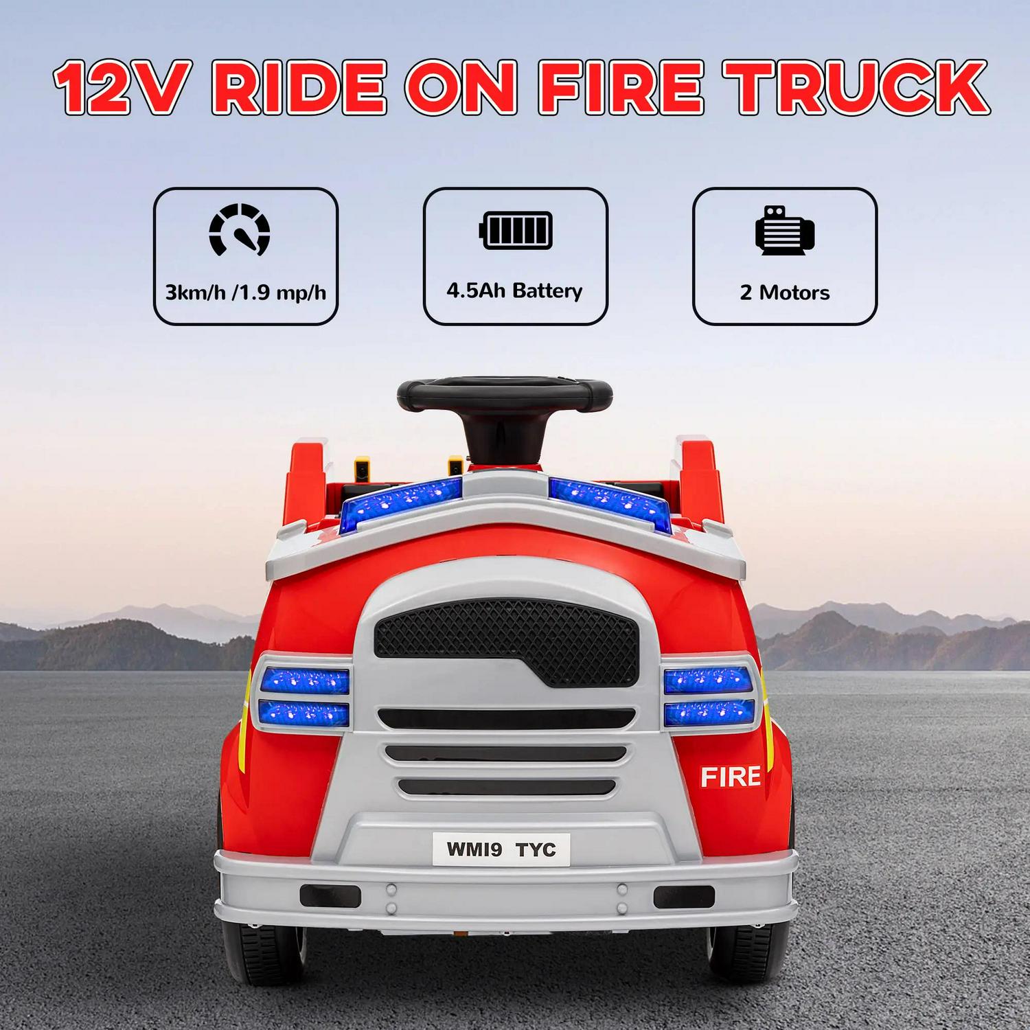 AIYAPLAY Ride On Fire Truck, 12V Kids Electric Car With Siren And Flashing Lights, Firefighting Tools, Music Horn, Slow Start