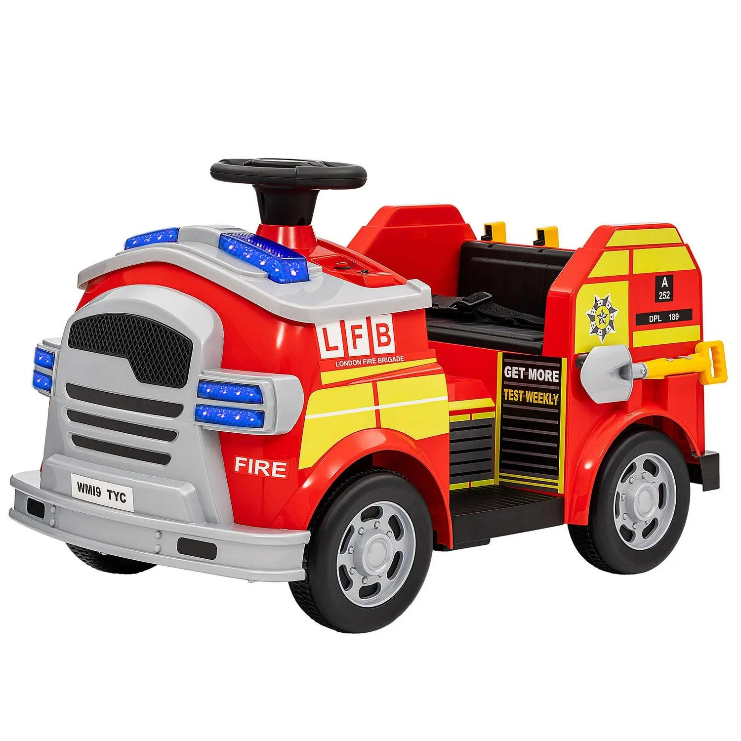 AIYAPLAY Ride On Fire Truck, 12V Kids Electric Car With Siren And Flashing Lights, Firefighting Tools, Music Horn, Slow Start