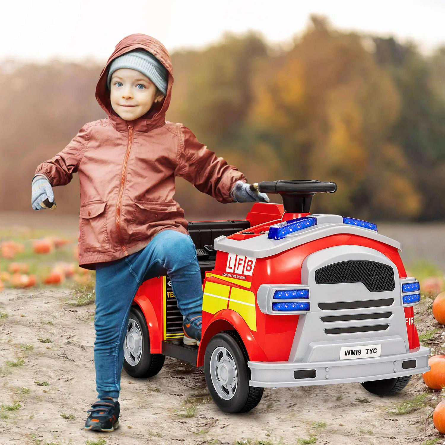 AIYAPLAY Ride On Fire Truck, 12V Kids Electric Car With Siren And Flashing Lights, Firefighting Tools, Music Horn, Slow Start