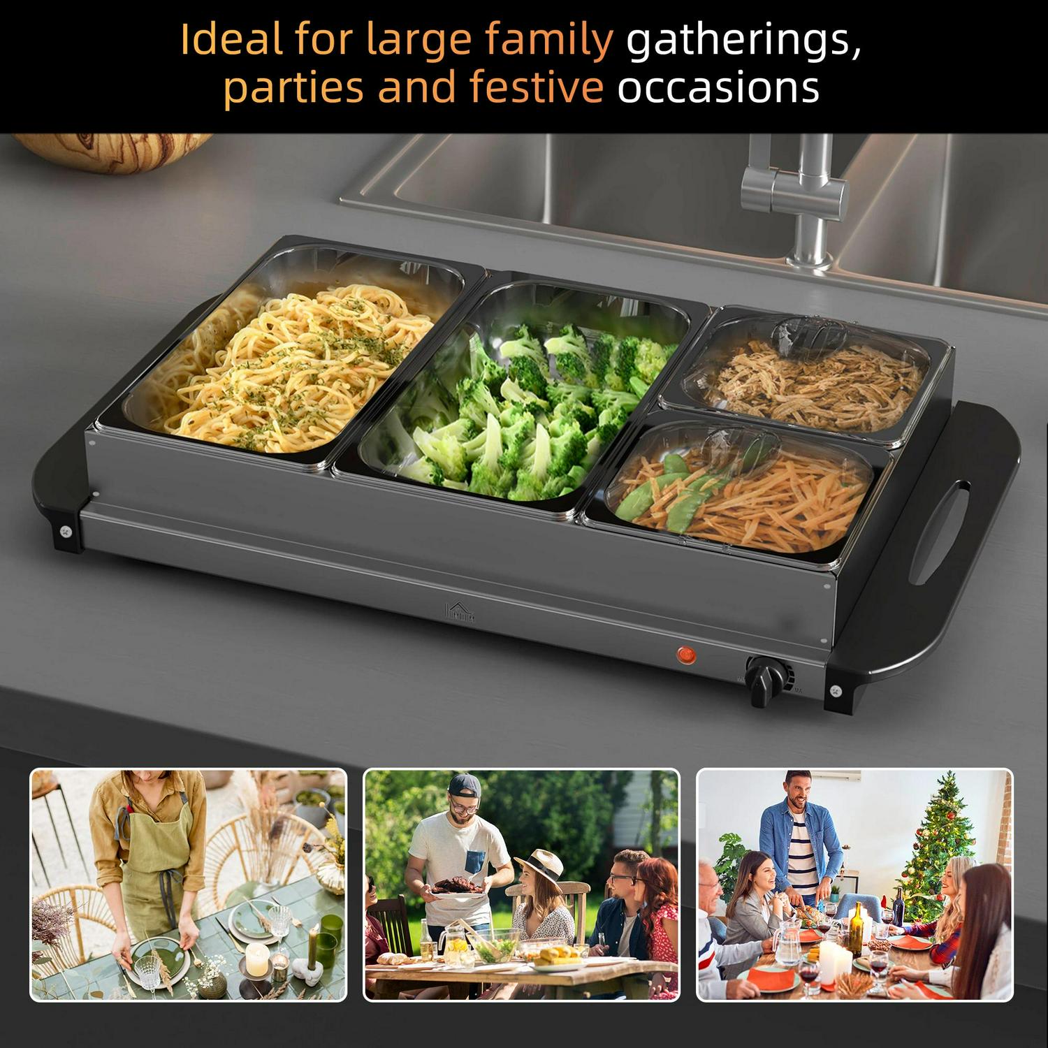HOMCOM 4 Tray Electric Food Warmer Buffet Server With Warming Plate, Cool Touch Handles, Adjustable Temperature, 300W, 2 X 2.4L 2 1L Pans 4 2 2.4L