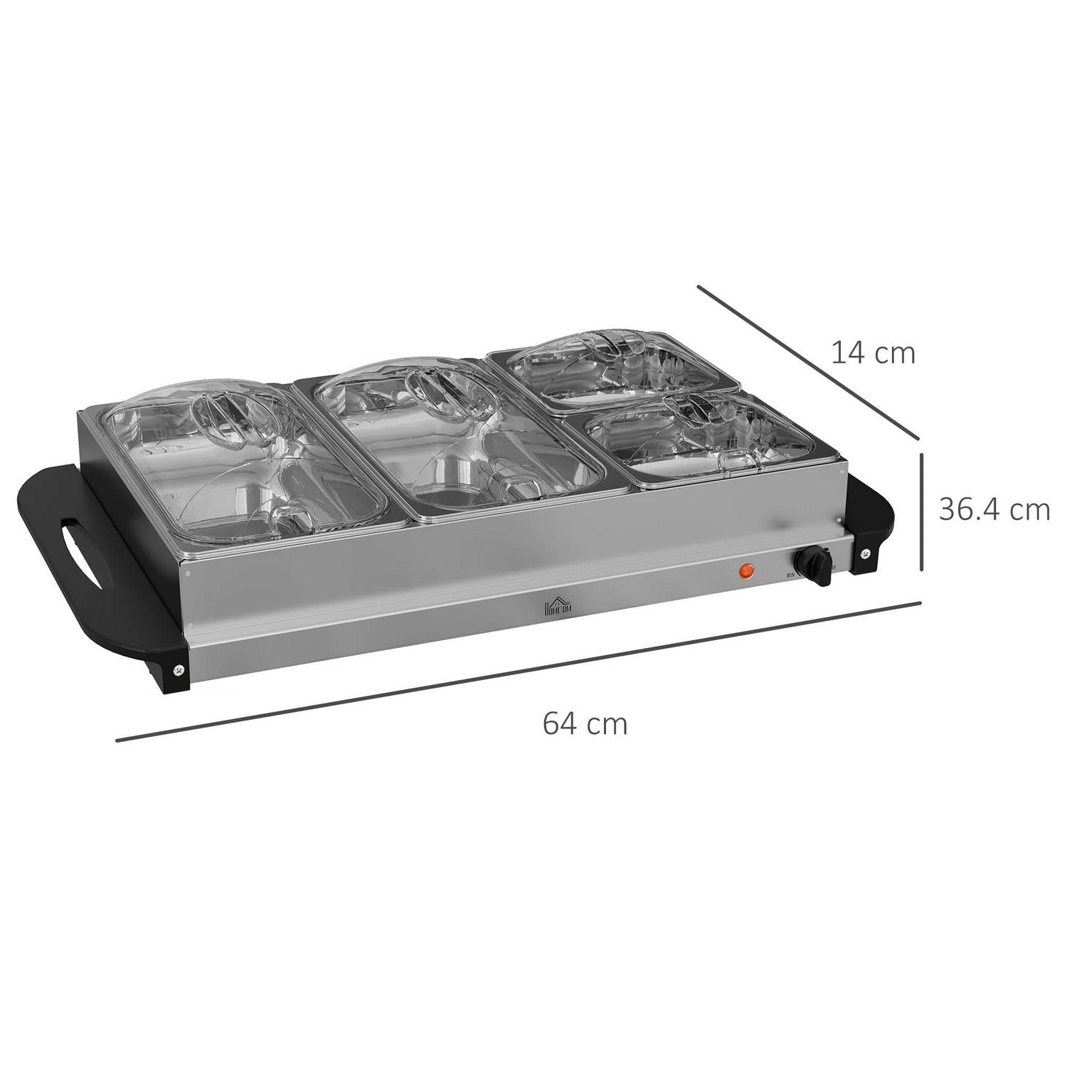 HOMCOM 4 Tray Electric Food Warmer Buffet Server With Warming Plate, Cool Touch Handles, Adjustable Temperature, 300W, 2 X 2.4L 2 1L Pans 4 2 2.4L