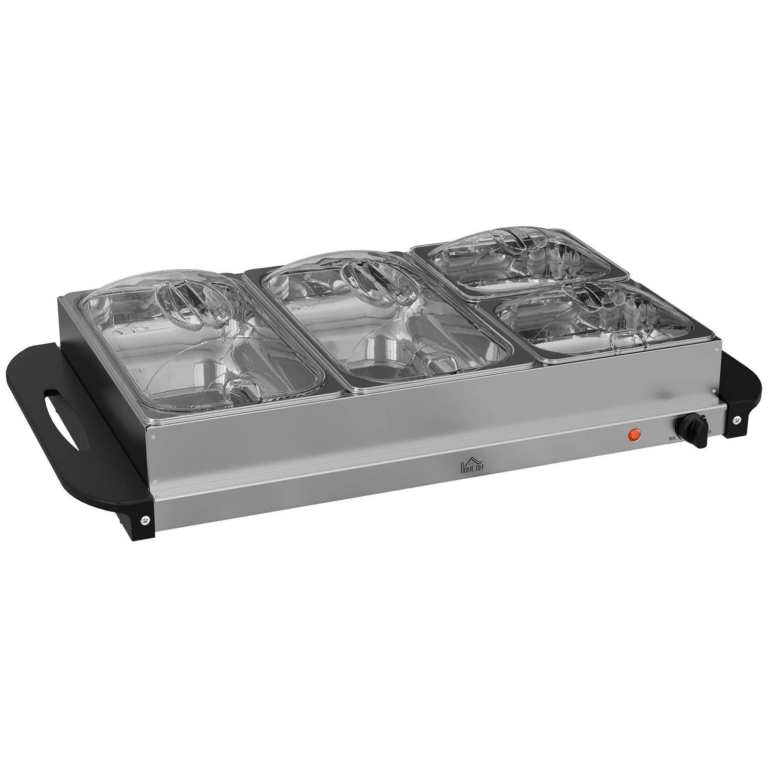 HOMCOM 4 Tray Electric Food Warmer Buffet Server With Warming Plate, Cool Touch Handles, Adjustable Temperature, 300W, 2 X 2.4L 2 1L Pans 4 2 2.4L