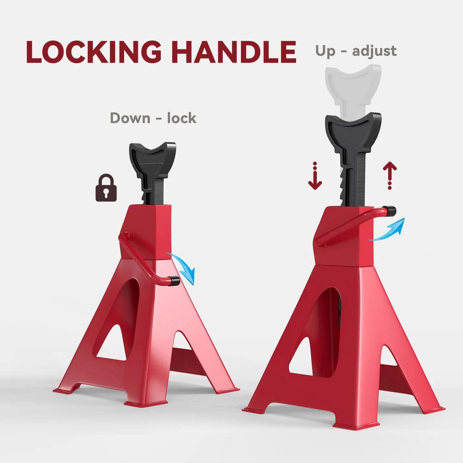 HOMCOM Axle Stands 3 Ton Car Jack Pack Of 2, 38.5-60 Cm Height Adjustable Support Heavy Duty Lift Tool For Vehicles, Caravans, Workshops, Garages, Red