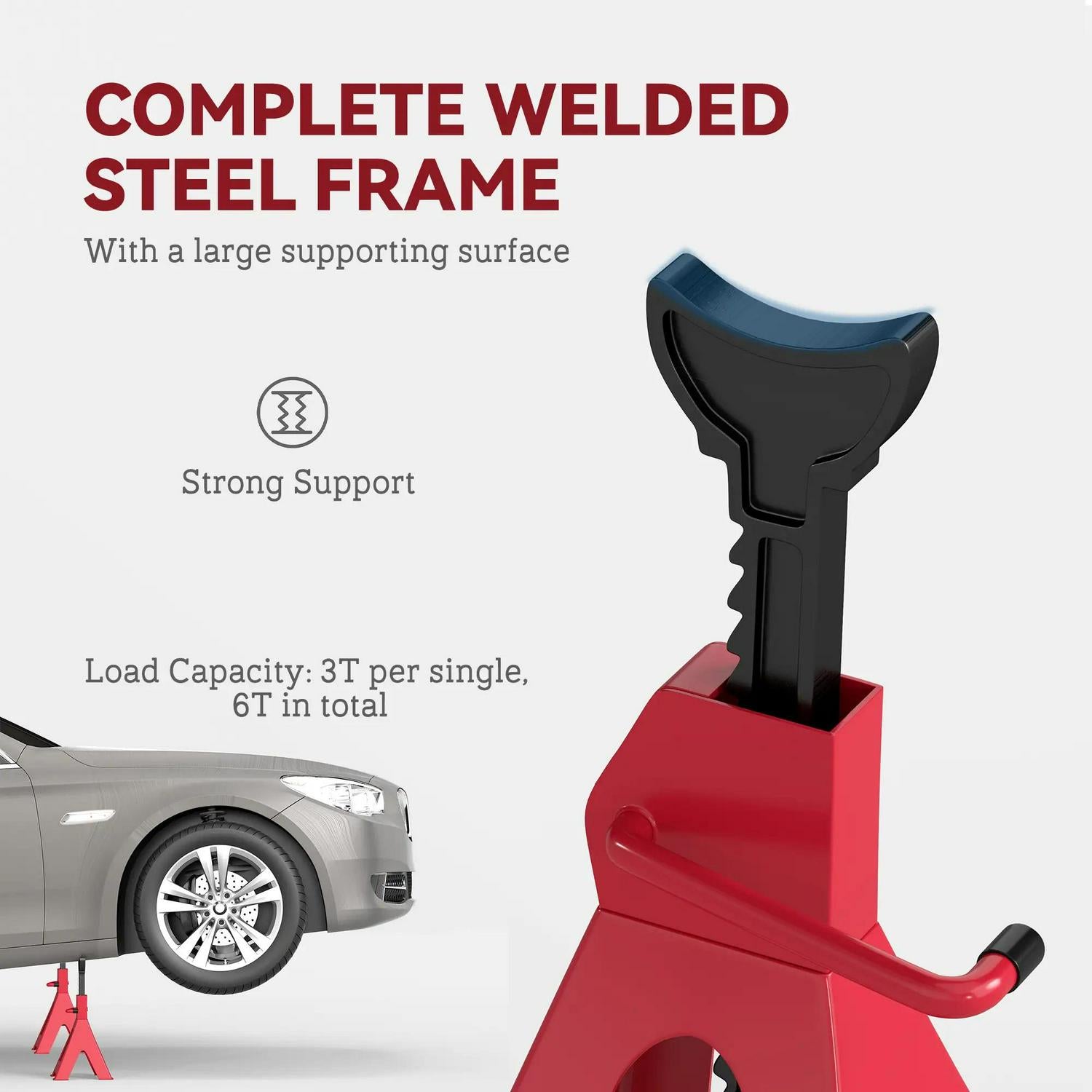 HOMCOM Axle Stands 3 Ton Car Jack Pack Of 2, 38.5-60 Cm Height Adjustable Support Heavy Duty Lift Tool For Vehicles, Caravans, Workshops, Garages, Red