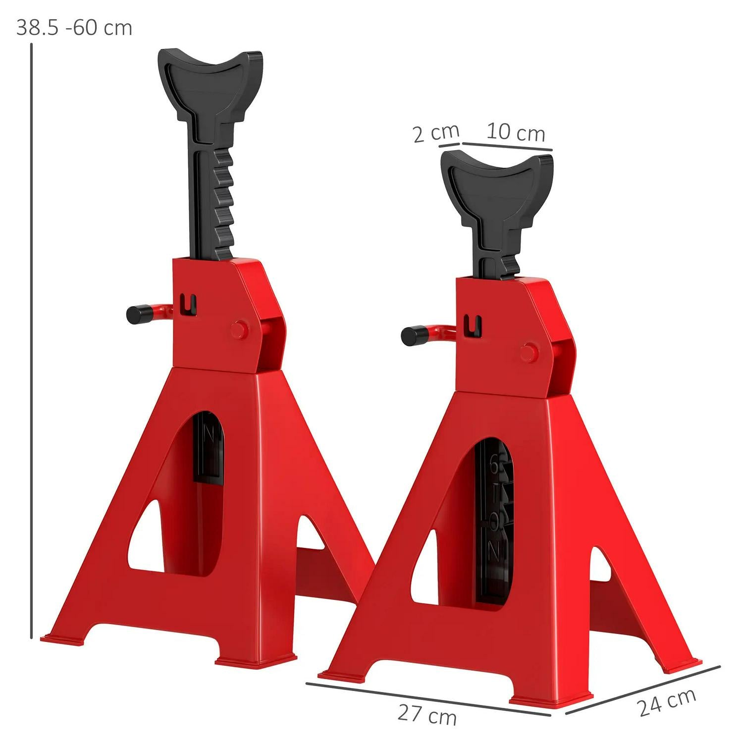 HOMCOM Axle Stands 3 Ton Car Jack Pack Of 2, 38.5-60 Cm Height Adjustable Support Heavy Duty Lift Tool For Vehicles, Caravans, Workshops, Garages, Red