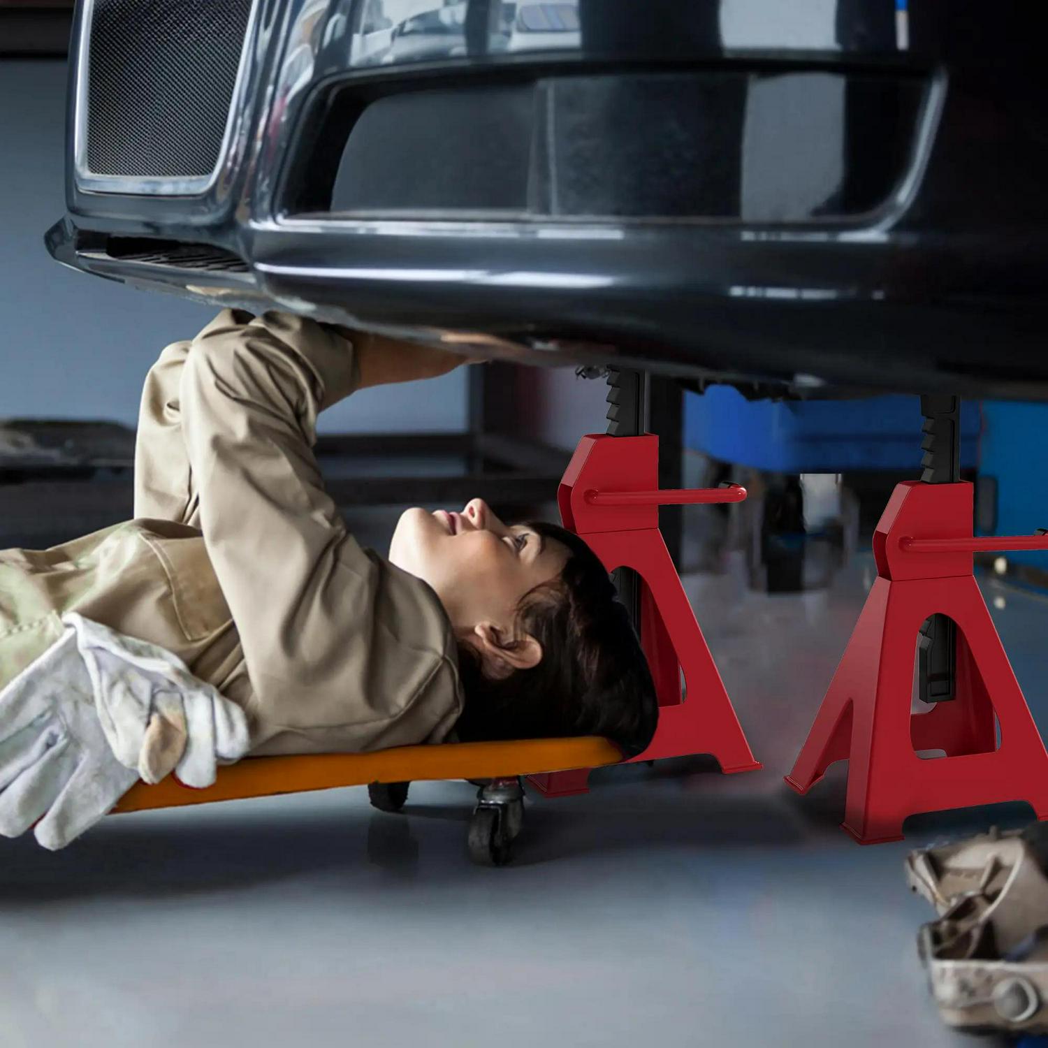 HOMCOM Axle Stands 3 Ton Car Jack Pack Of 2, 38.5-60 Cm Height Adjustable Support Heavy Duty Lift Tool For Vehicles, Caravans, Workshops, Garages, Red