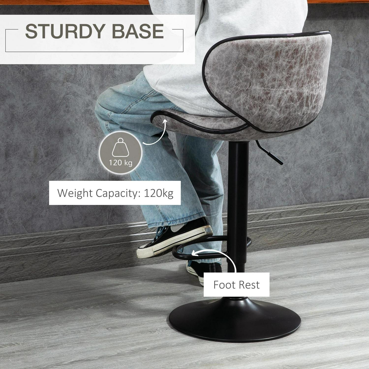 HOMCOM Bar Stool Set Of 2 Microfiber Cloth Adjustable Height Armless Chairs With Swivel Seat, Grey