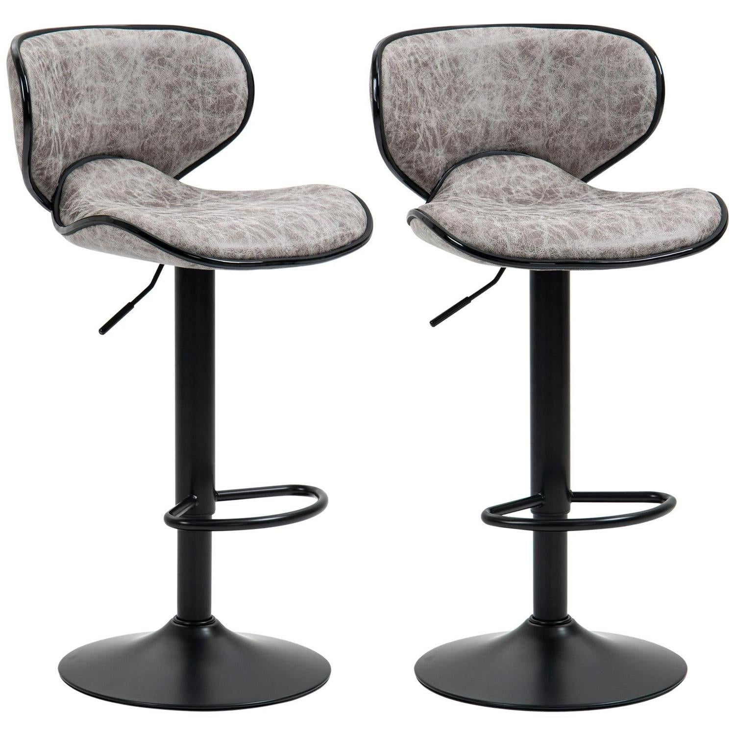 HOMCOM Bar Stool Set Of 2 Microfiber Cloth Adjustable Height Armless Chairs With Swivel Seat, Grey