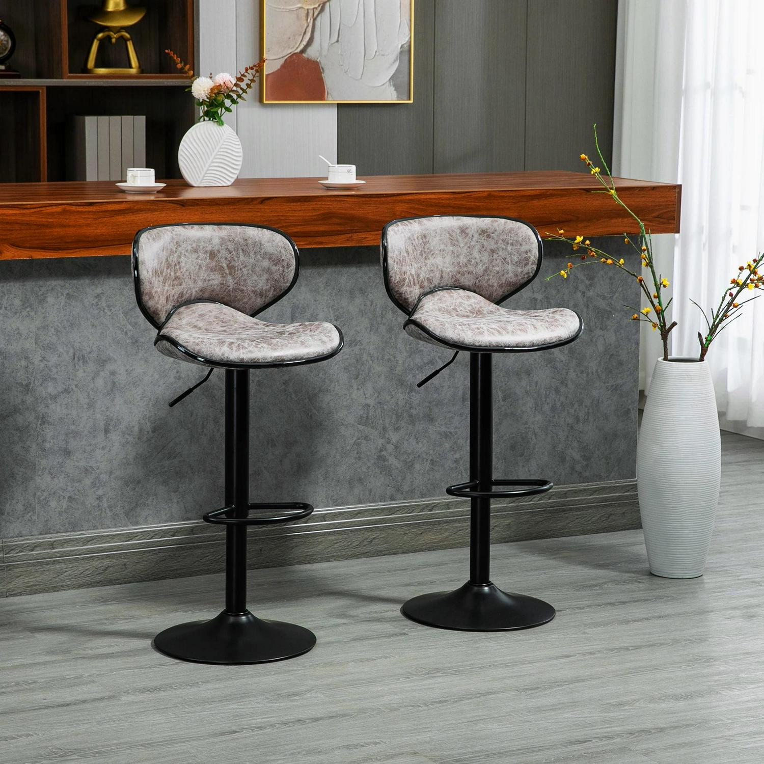HOMCOM Bar Stool Set Of 2 Microfiber Cloth Adjustable Height Armless Chairs With Swivel Seat, Grey