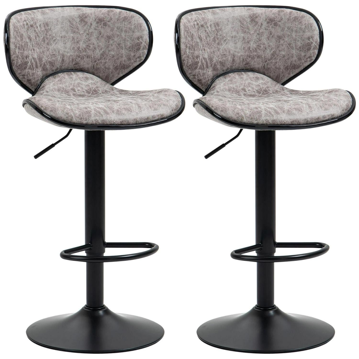 HOMCOM Bar Stool Set Of 2 Microfiber Cloth Adjustable Height Armless Chairs With Swivel Seat, Grey