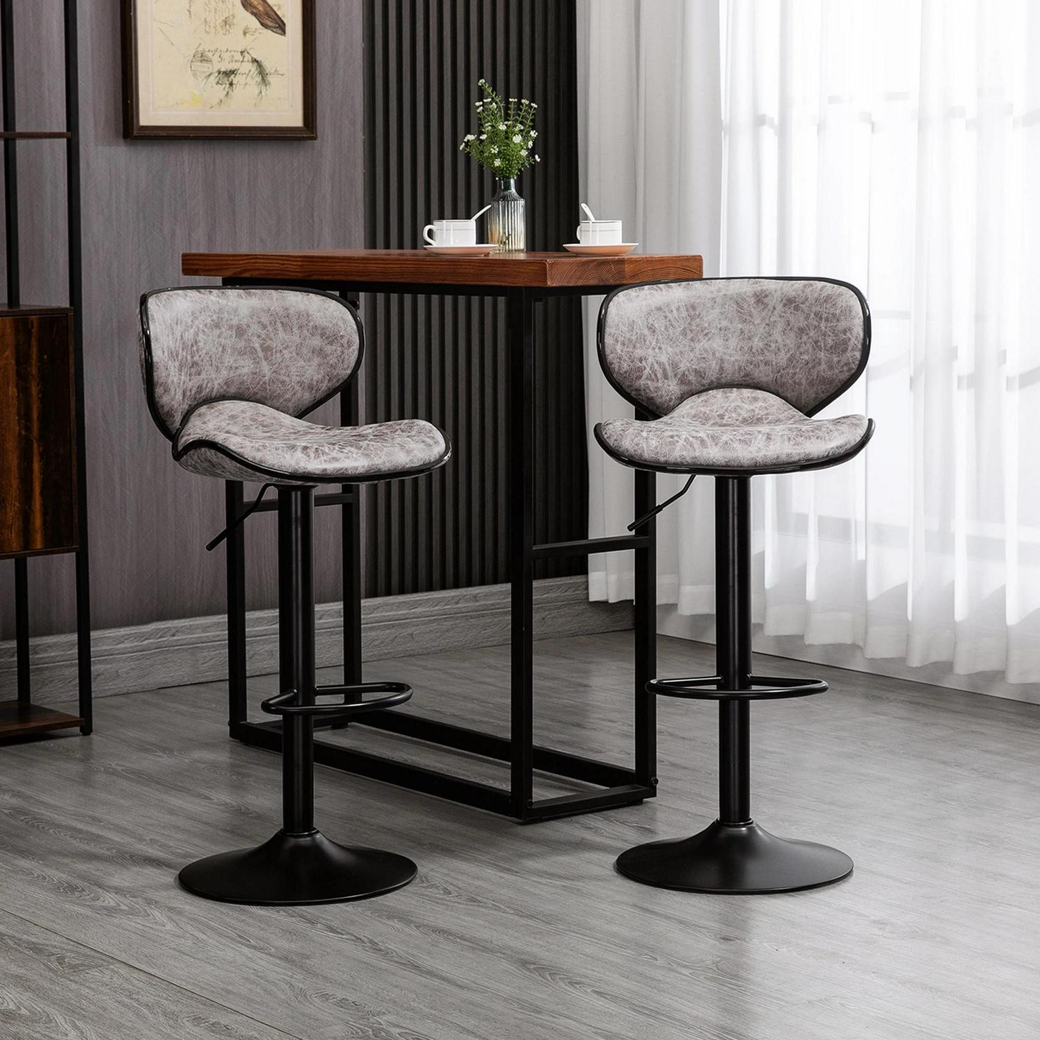 HOMCOM Bar Stool Set Of 2 Microfiber Cloth Adjustable Height Armless Chairs With Swivel Seat, Grey