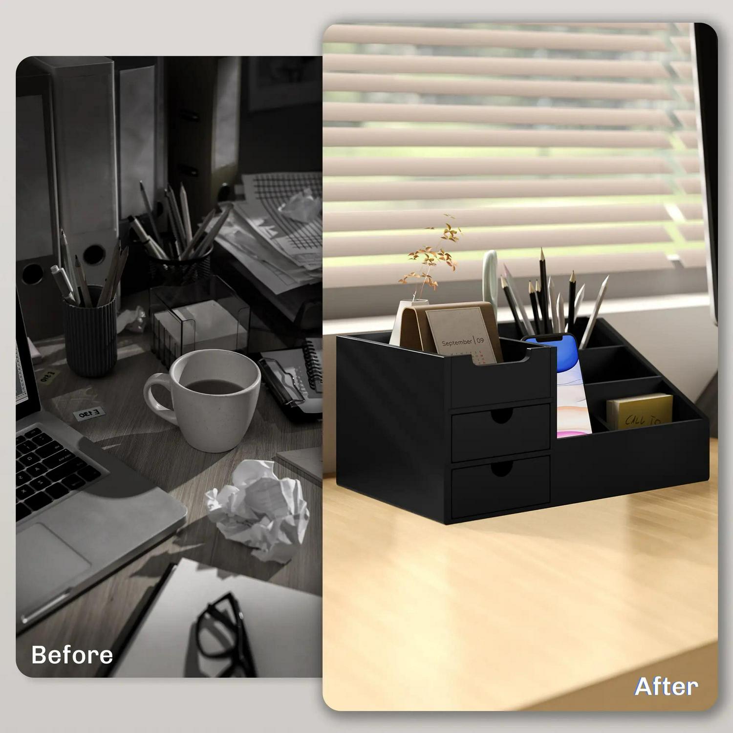 HOMCOM Desk Organiser Holder, Bamboo Multi-Function Storage Caddy With 7 Compartments And 2 Drawers For Home Office Stationary Supplies, Black