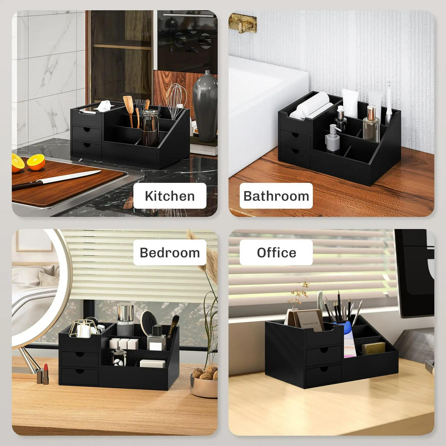 HOMCOM Desk Organiser Holder, Bamboo Multi-Function Storage Caddy With 7 Compartments And 2 Drawers For Home Office Stationary Supplies, Black