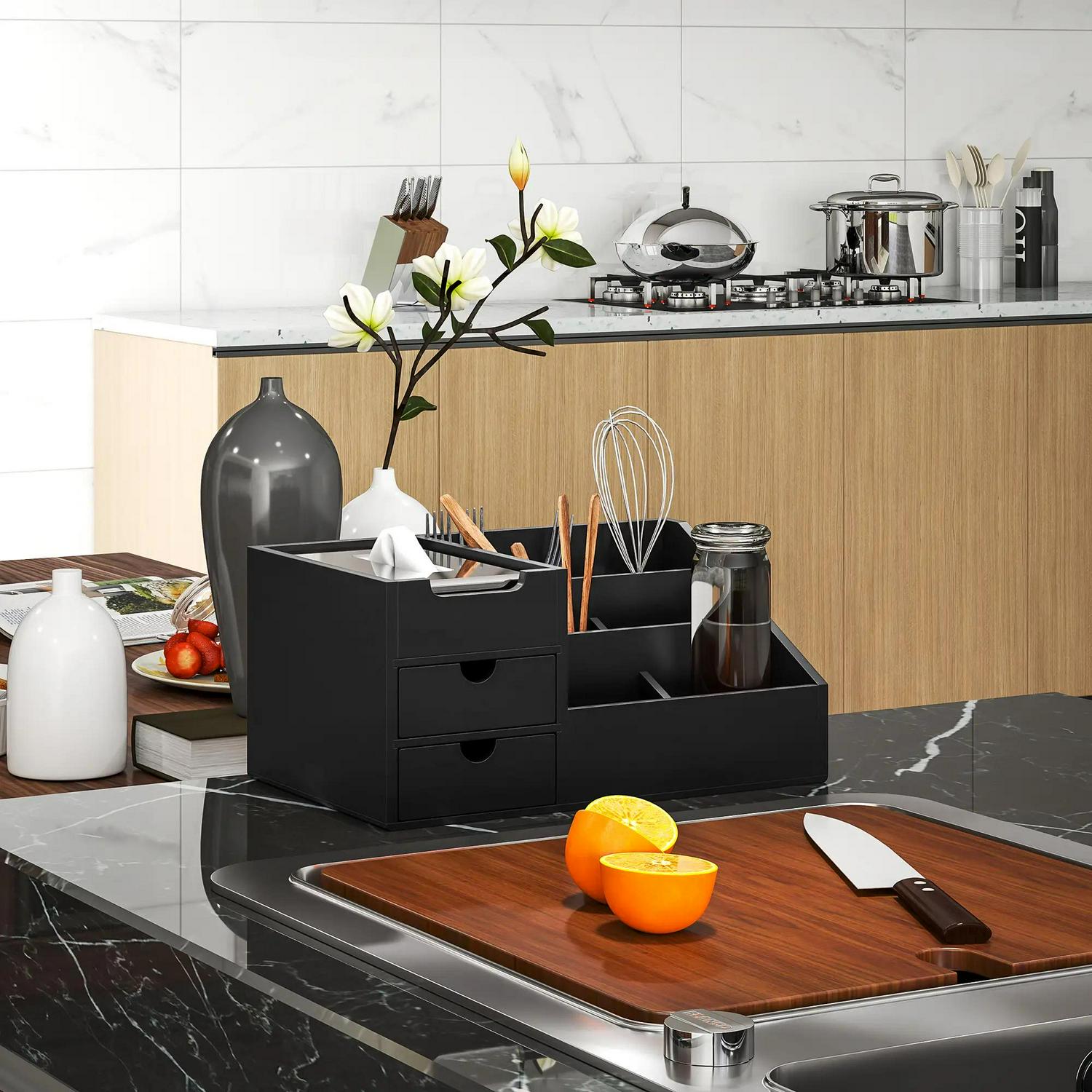 HOMCOM Desk Organiser Holder, Bamboo Multi-Function Storage Caddy With 7 Compartments And 2 Drawers For Home Office Stationary Supplies, Black