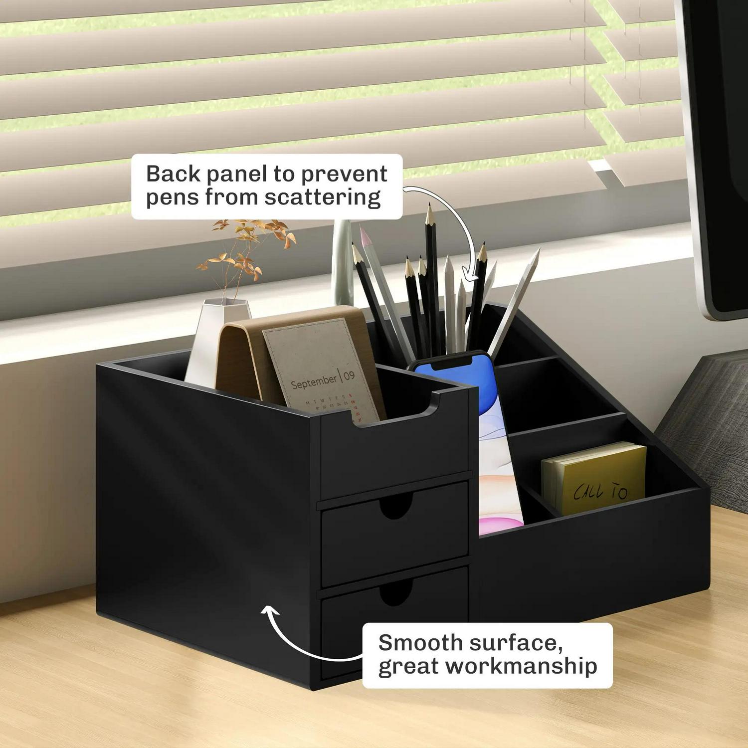 HOMCOM Desk Organiser Holder, Bamboo Multi-Function Storage Caddy With 7 Compartments And 2 Drawers For Home Office Stationary Supplies, Black