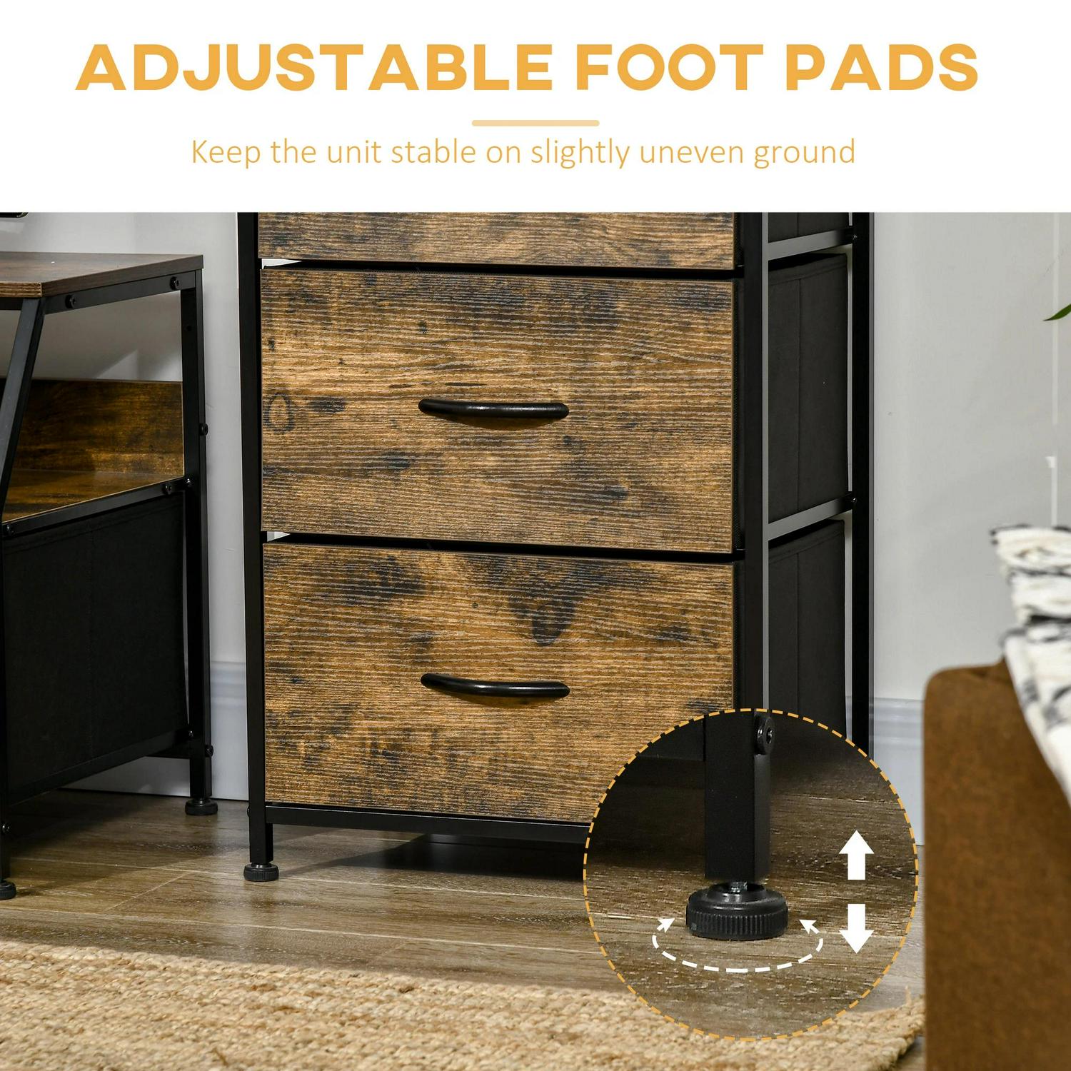 HOMCOM Industrial Storage Cabinet, Fabric Chest Of Drawers With Display Shelves, 3 Unit For Living Room, Rustic Brown