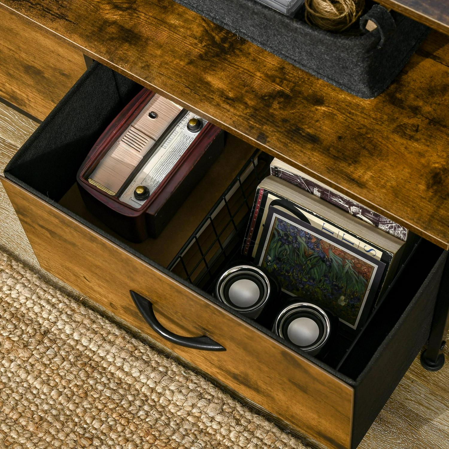 HOMCOM Industrial Storage Cabinet, Fabric Chest Of Drawers With Display Shelves, 3 Unit For Living Room, Rustic Brown