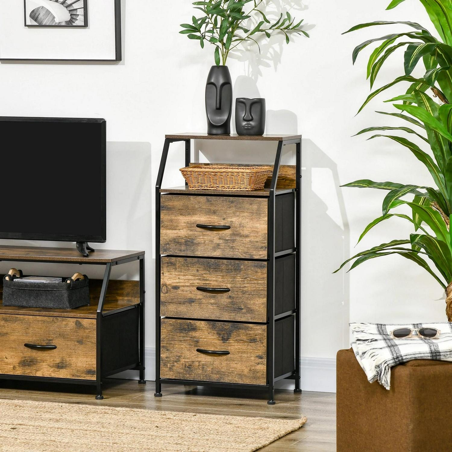 HOMCOM Industrial Storage Cabinet, Fabric Chest Of Drawers With Display Shelves, 3 Unit For Living Room, Rustic Brown