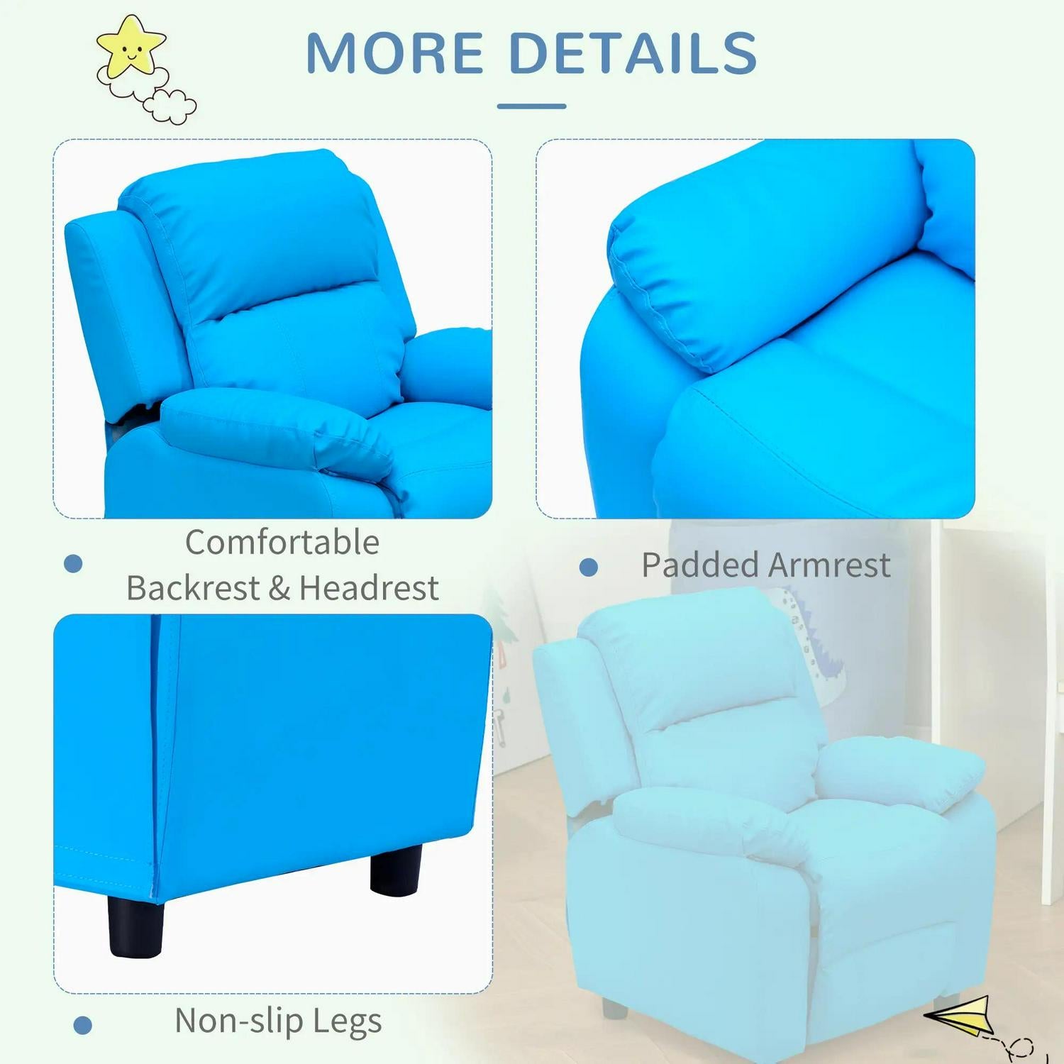 HOMCOM Kids Children Recliner Lounger Armchair Games Sofa Seat PU Leather Look W/ Storage Space On Arms (Blue)