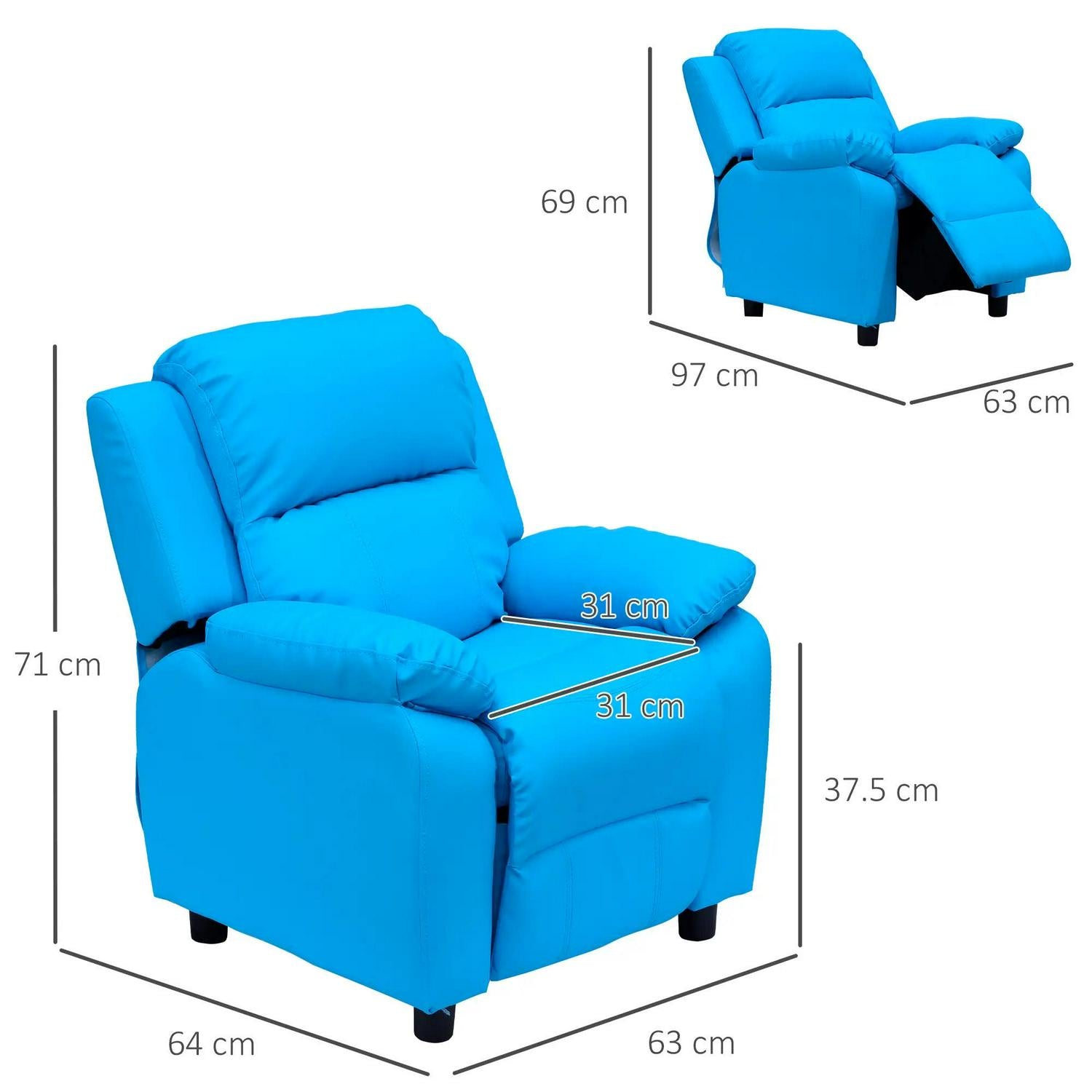 HOMCOM Kids Children Recliner Lounger Armchair Games Sofa Seat PU Leather Look W/ Storage Space On Arms (Blue)