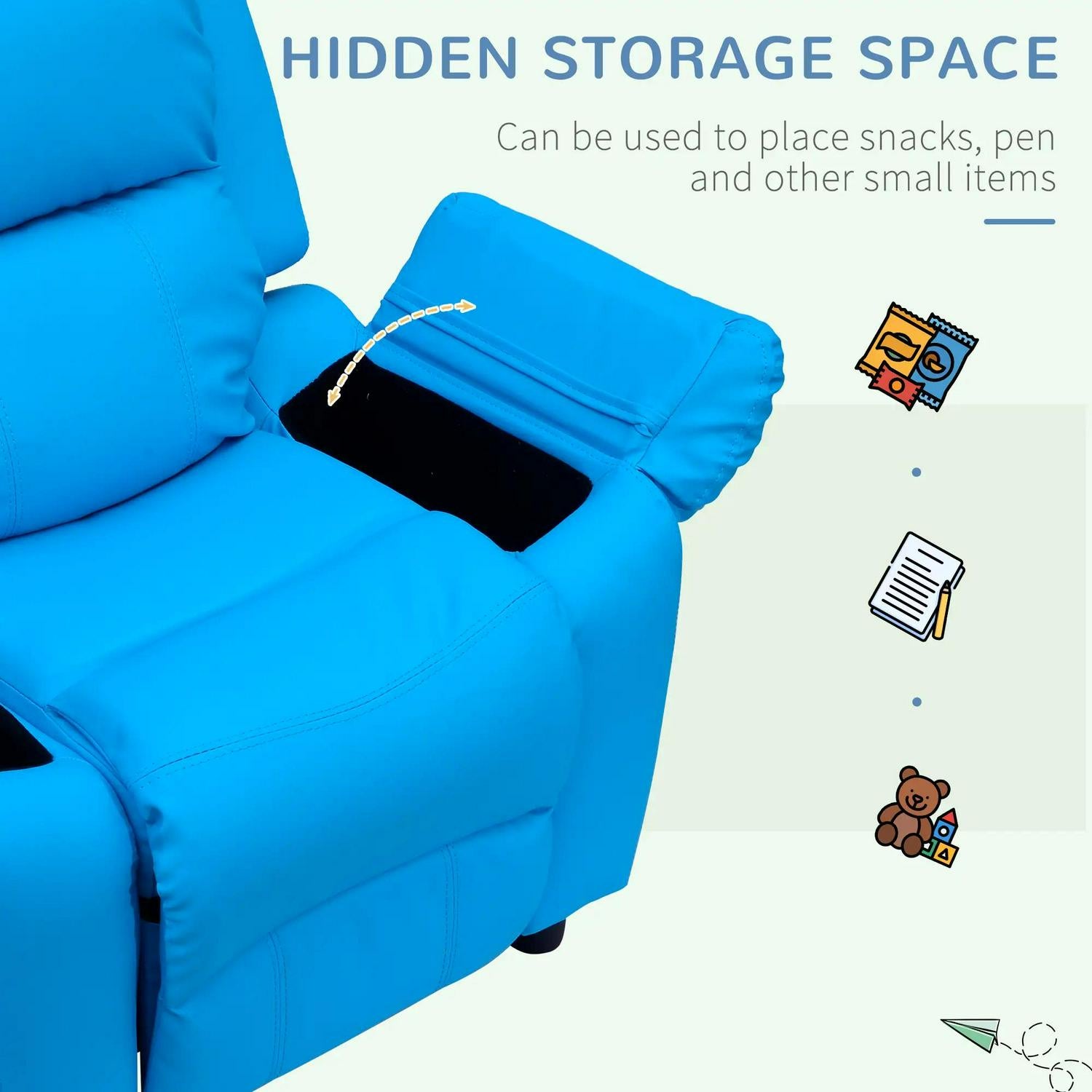 HOMCOM Kids Children Recliner Lounger Armchair Games Sofa Seat PU Leather Look W/ Storage Space On Arms (Blue)