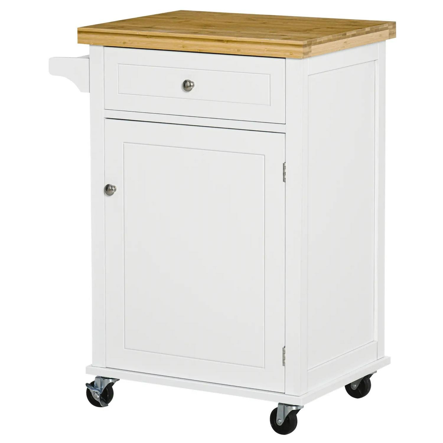 HOMCOM Kitchen Cart Storage Trolley Wooden Cabinet With Drawer Cupboard Towel Rail, White