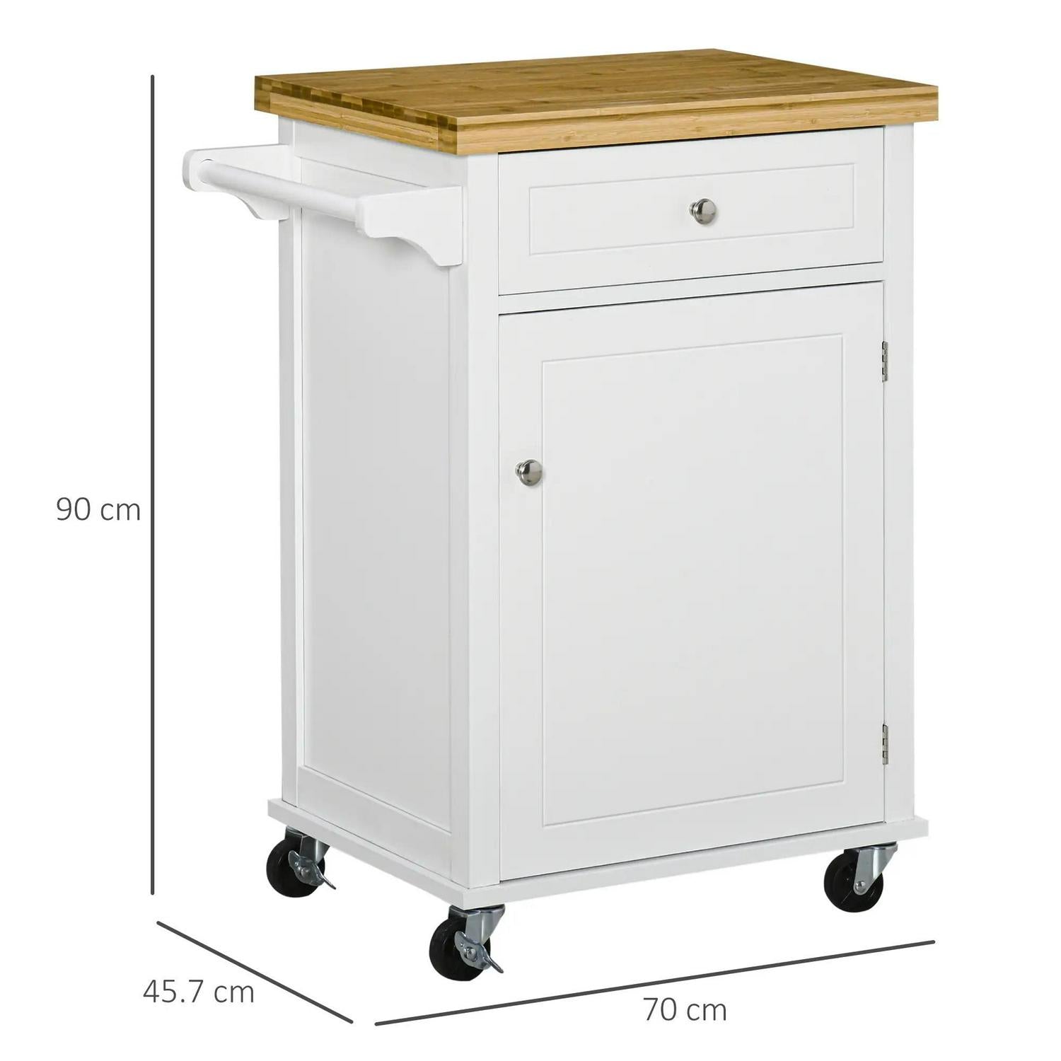HOMCOM Kitchen Cart Storage Trolley Wooden Cabinet With Drawer Cupboard Towel Rail, White
