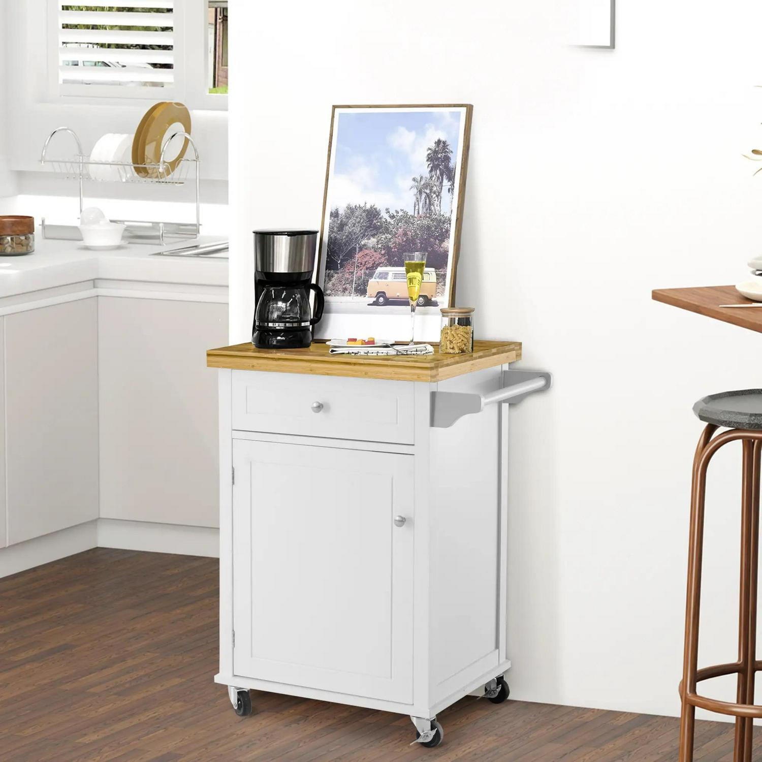 HOMCOM Kitchen Cart Storage Trolley Wooden Cabinet With Drawer Cupboard Towel Rail, White