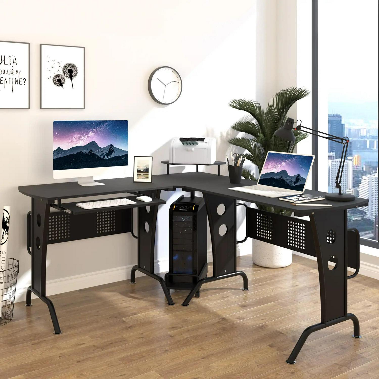HOMCOM L-Shaped Corner Desk, Gaming With CPU Rack, Keyboard Tray, Space-Saving Computer Steel Frame For Home Office, Black