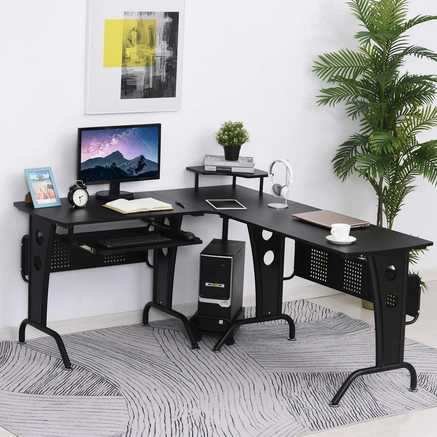 HOMCOM L-Shaped Corner Desk, Gaming With CPU Rack, Keyboard Tray, Space-Saving Computer Steel Frame For Home Office, Black