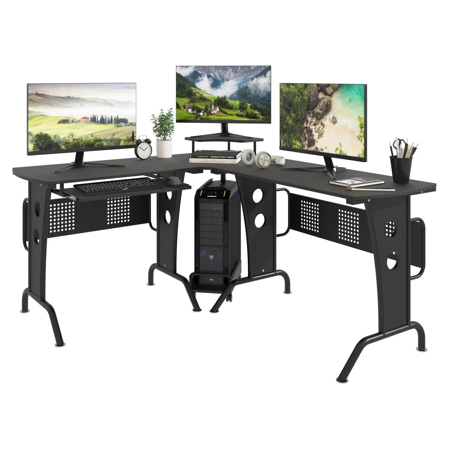 HOMCOM L-Shaped Corner Desk, Gaming With CPU Rack, Keyboard Tray, Space-Saving Computer Steel Frame For Home Office, Black