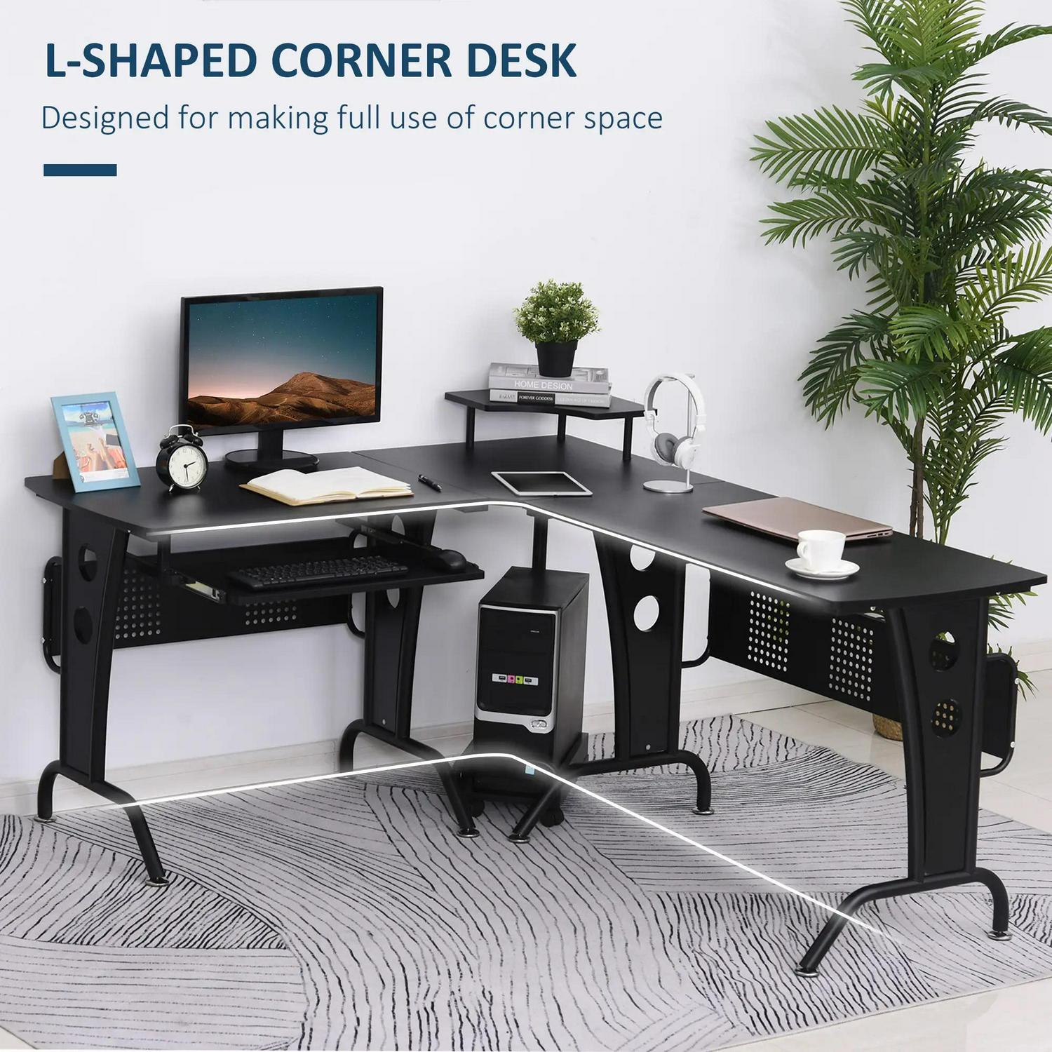 HOMCOM L-Shaped Corner Desk, Gaming With CPU Rack, Keyboard Tray, Space-Saving Computer Steel Frame For Home Office, Black