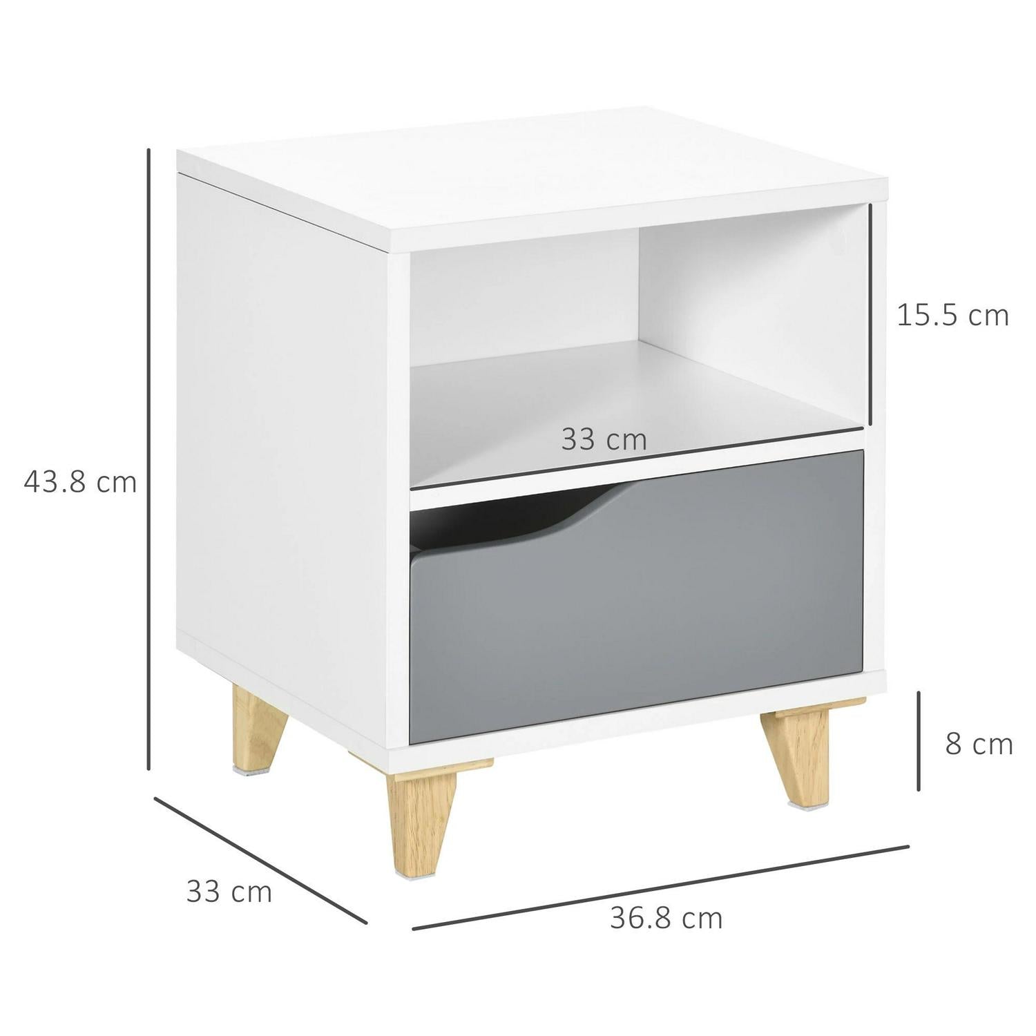 HOMCOM Modern Bedside Table, End With Shelf, Drawer And Wood Legs, 36.8cmx33cmx43.8cm, White Grey
