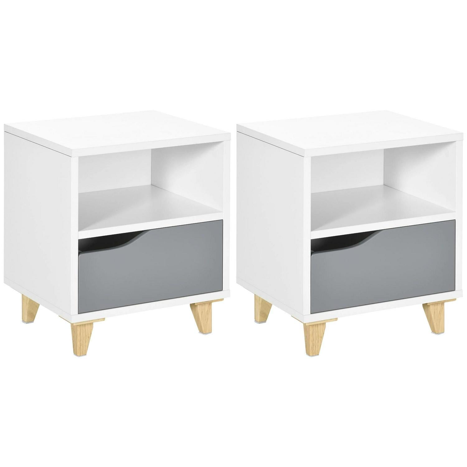 HOMCOM Modern Bedside Table, End With Shelf, Drawer And Wood Legs, 36.8cmx33cmx43.8cm, White Grey