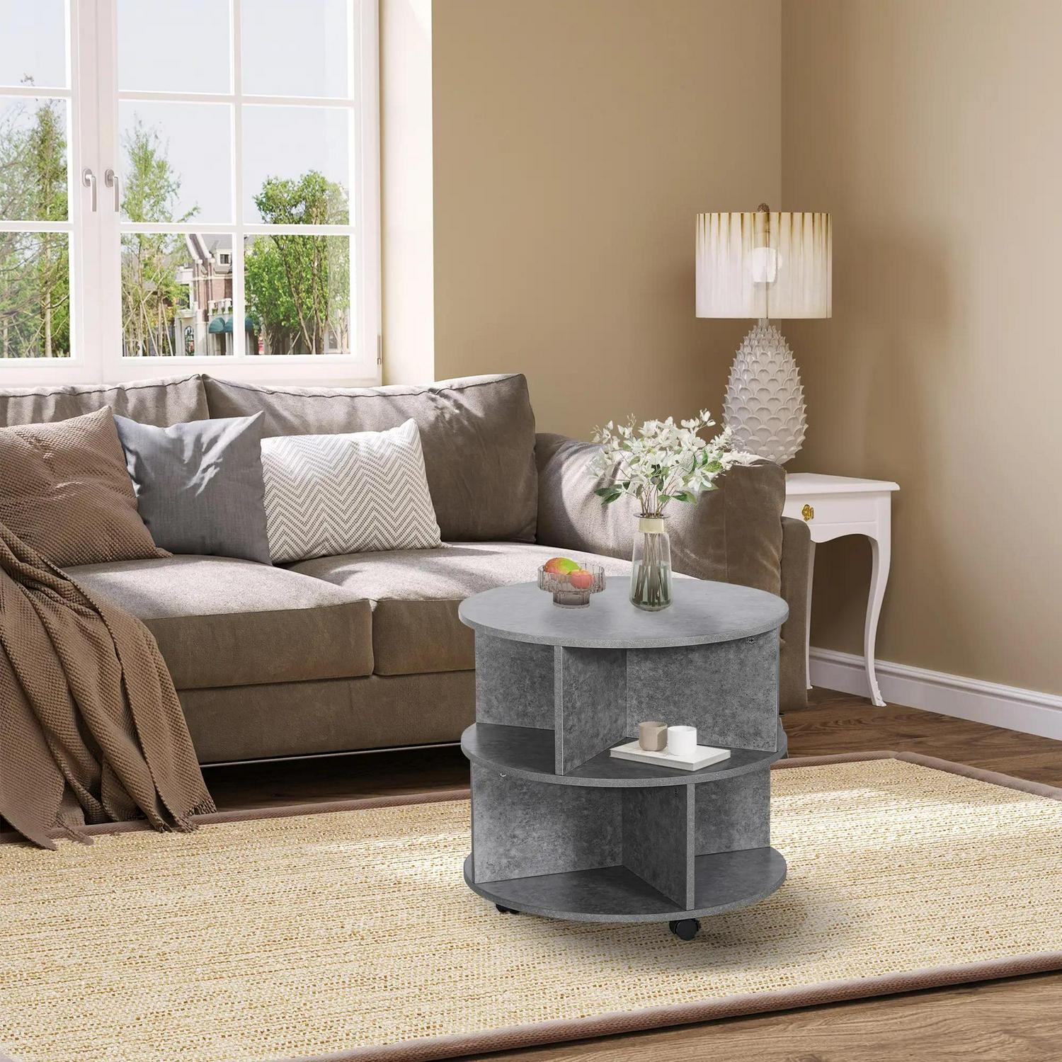 HOMCOM Round Coffee Table With Wheels, 3-Tier Rolling Side For Living Room Divided Shelves, Cement Colour